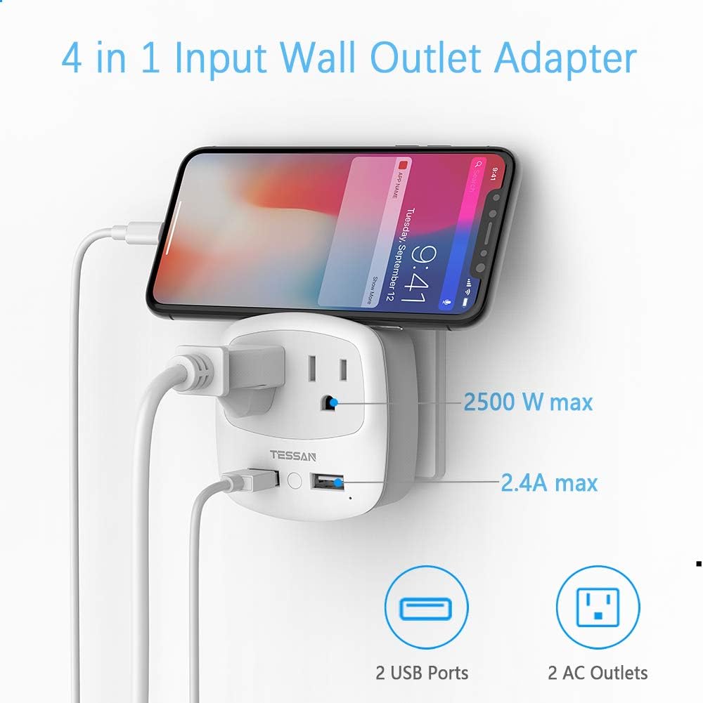TESSAN US to Japan Plug Adapter, 2 Prong to 3 Prong Outlet Adapter with 2 AC Outlets 2 USB Ports