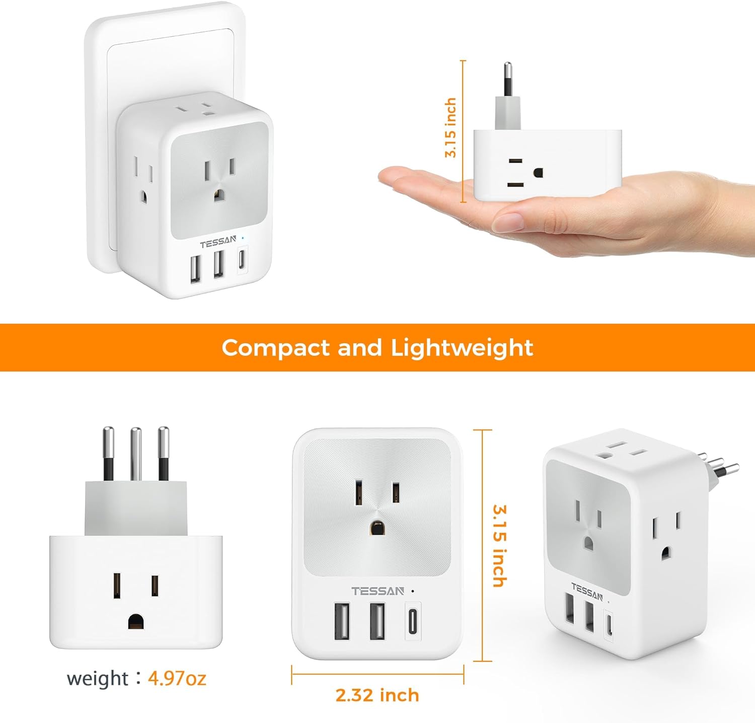TESSAN Italy Power Adapter with 4 Outlets 3 USB Ports (1 USB C), Italy Travel Plug Adapter 2 Packs