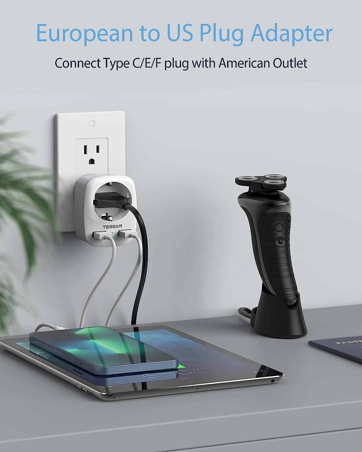 TESSAN Europe to US Plug Adapter with AC Outlet and 2 USB Ports