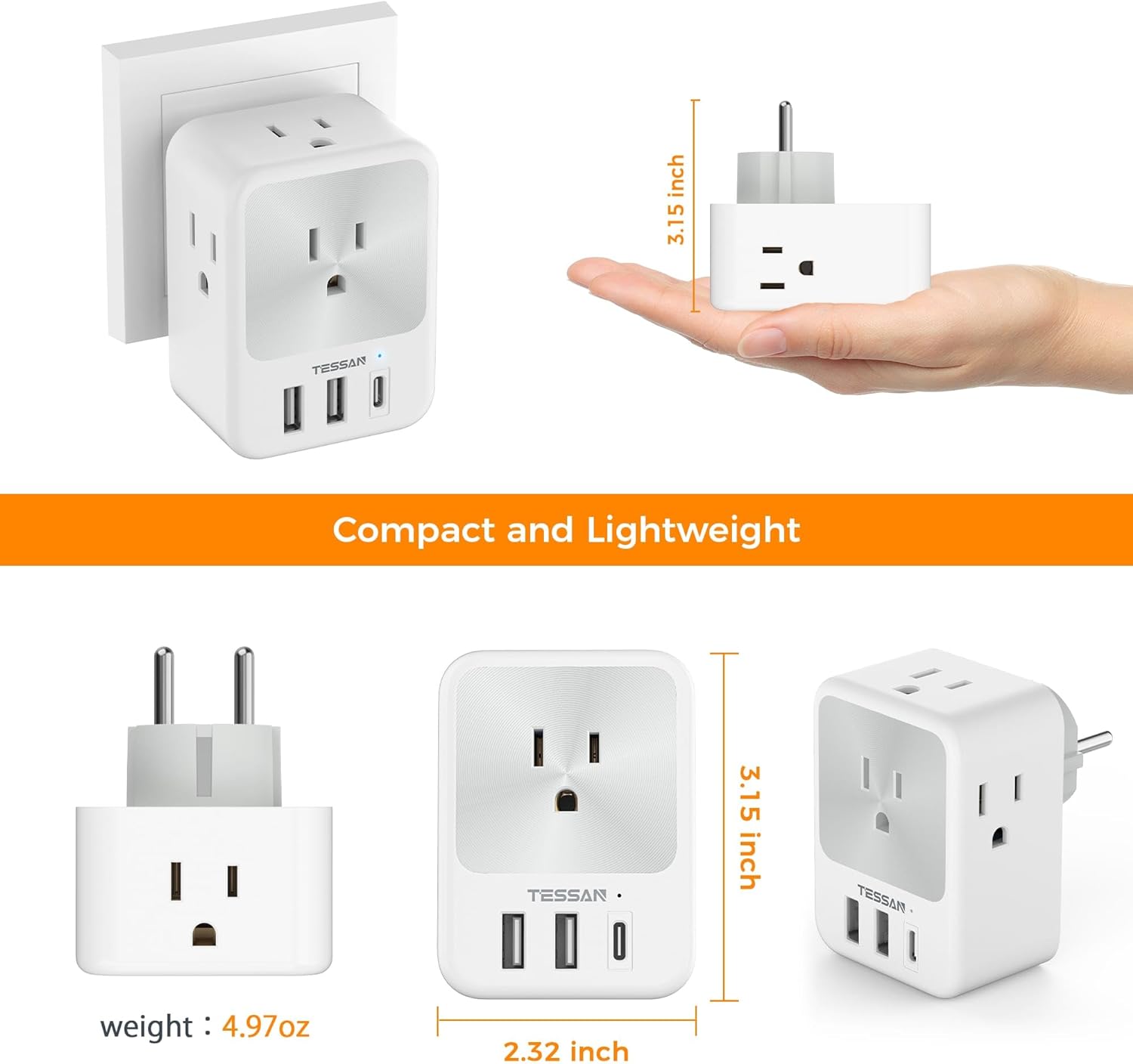 Germany France Travel Power Adapter, Schuko Adaptor with 4 Outlets 3 USB Ports (1 USB C)