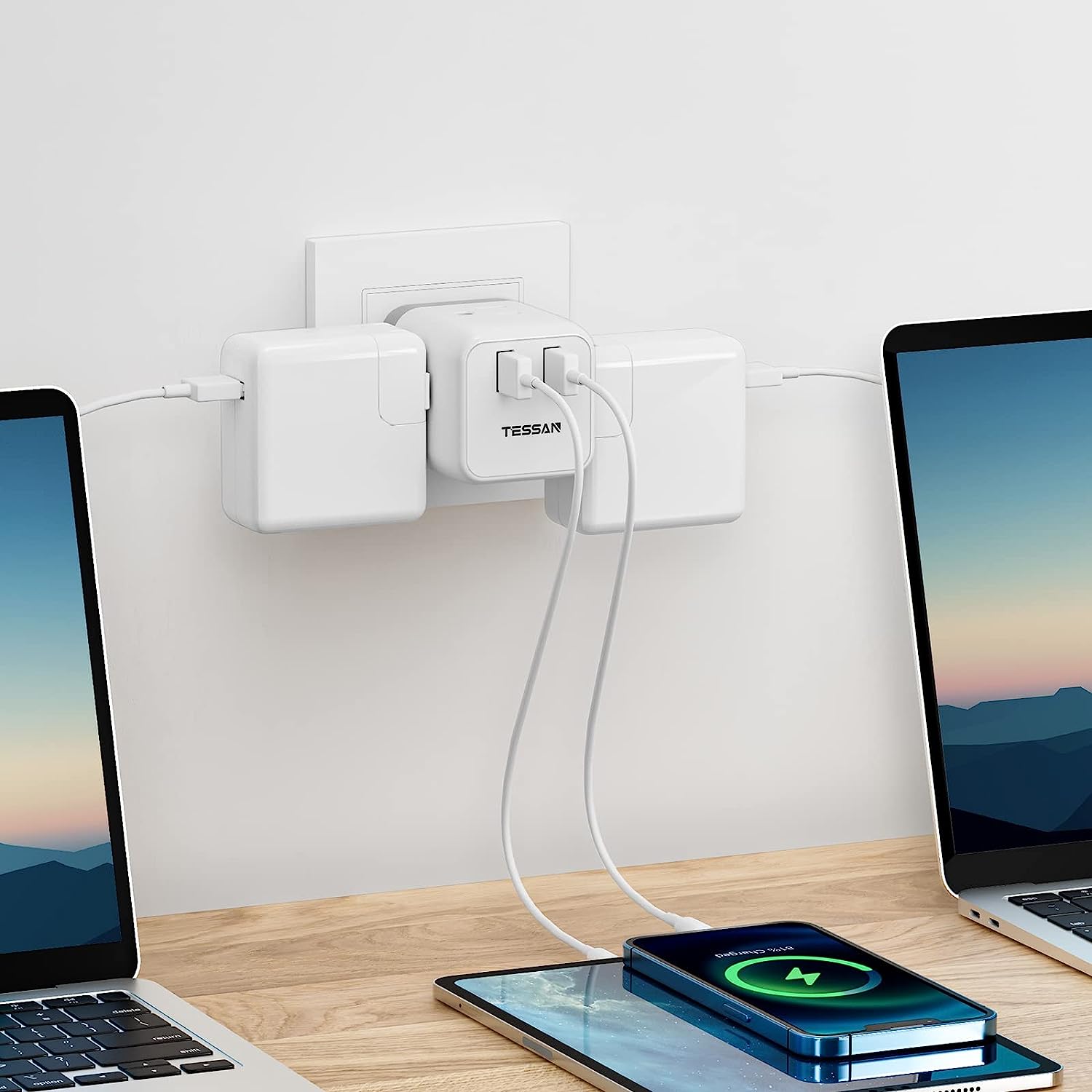 TESSAN US to Israel Plug Adapter with 3 Outlets 2 USB Charging Ports