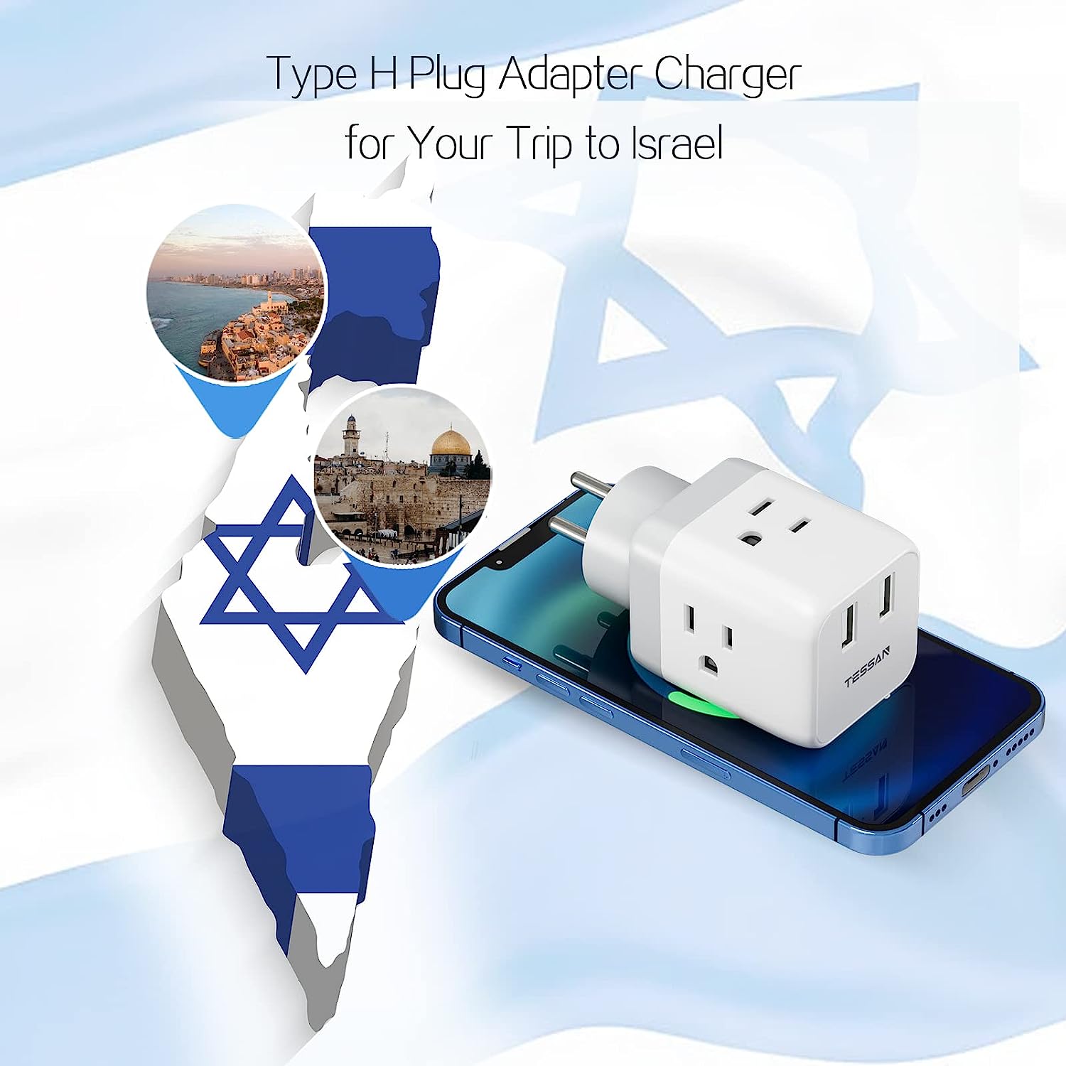 TESSAN US to Israel Plug Adapter with 3 Outlets 2 USB Charging Ports