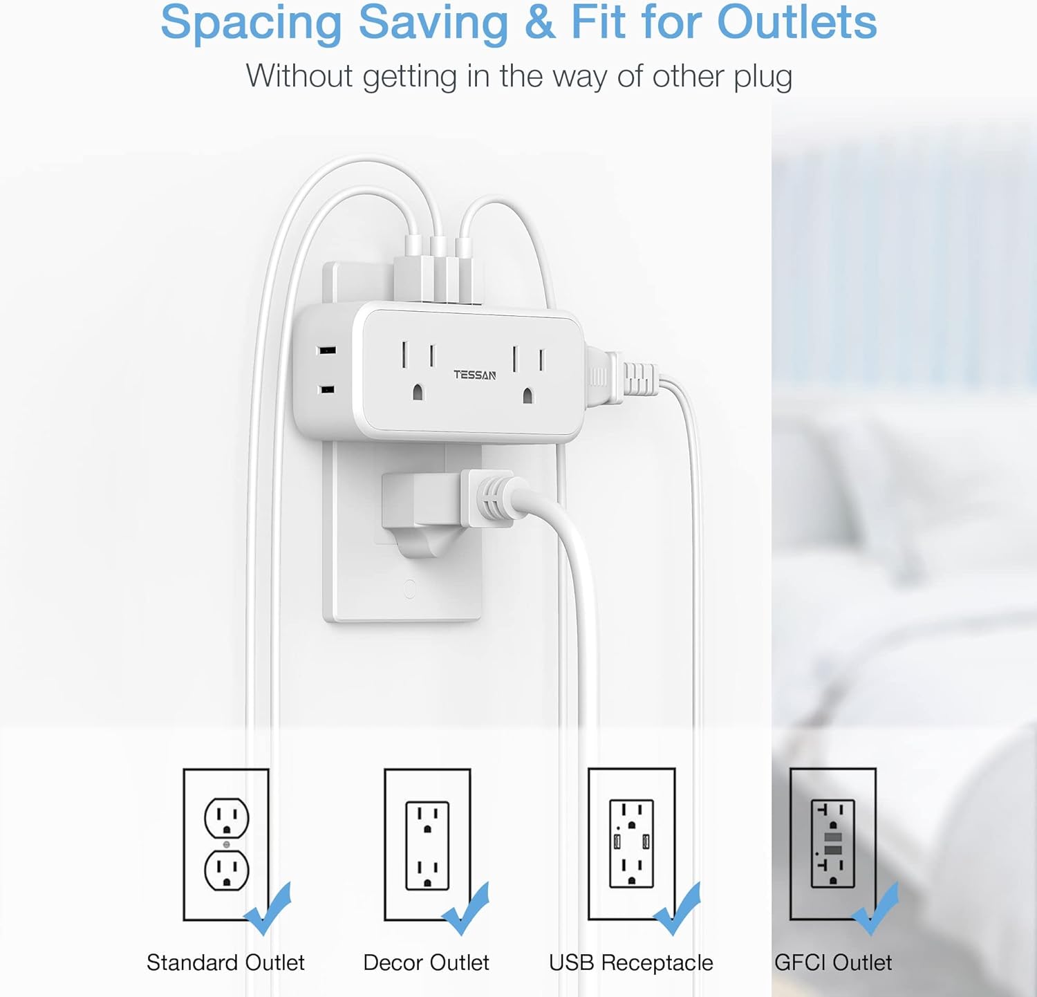 TESSAN 4 Electrical Multiple Outlet Extender with 3 USB Ports, Multi Plug Outlet Splitter with USB
