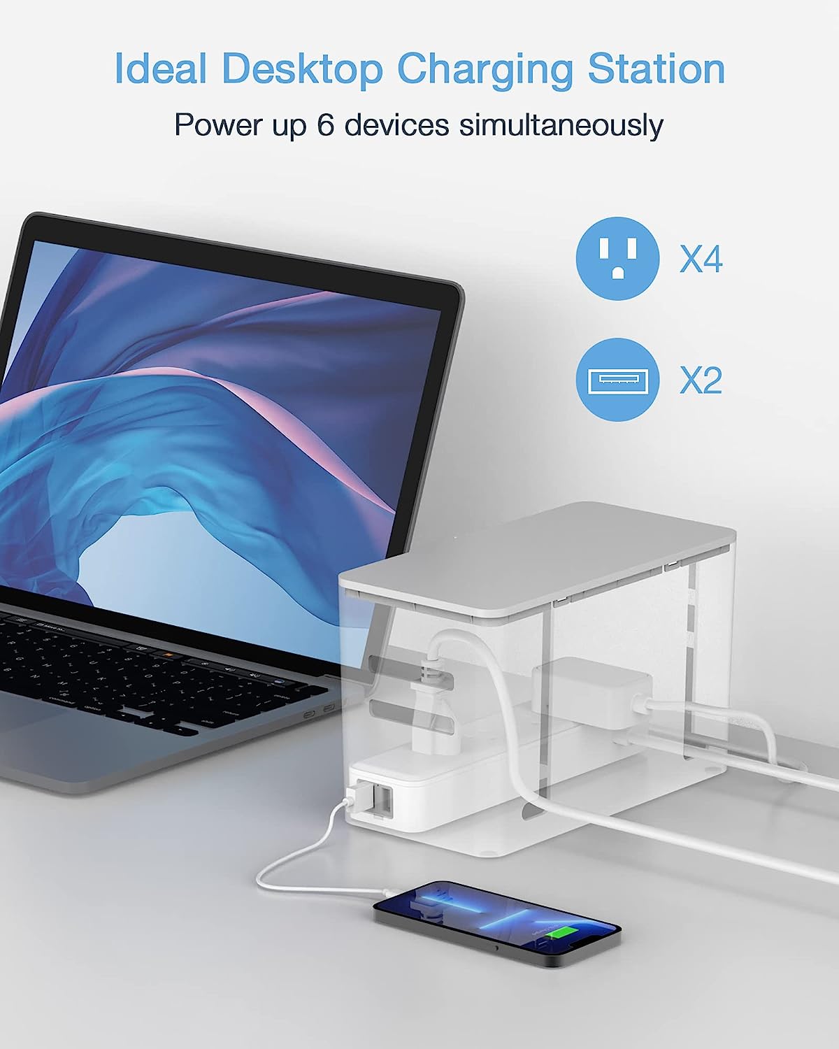 TESSAN 5 ft Flat Plug Extension Cord, 4 Outlets 2 USB Ports with Overload Switch, Power Strip with Cable Management Box