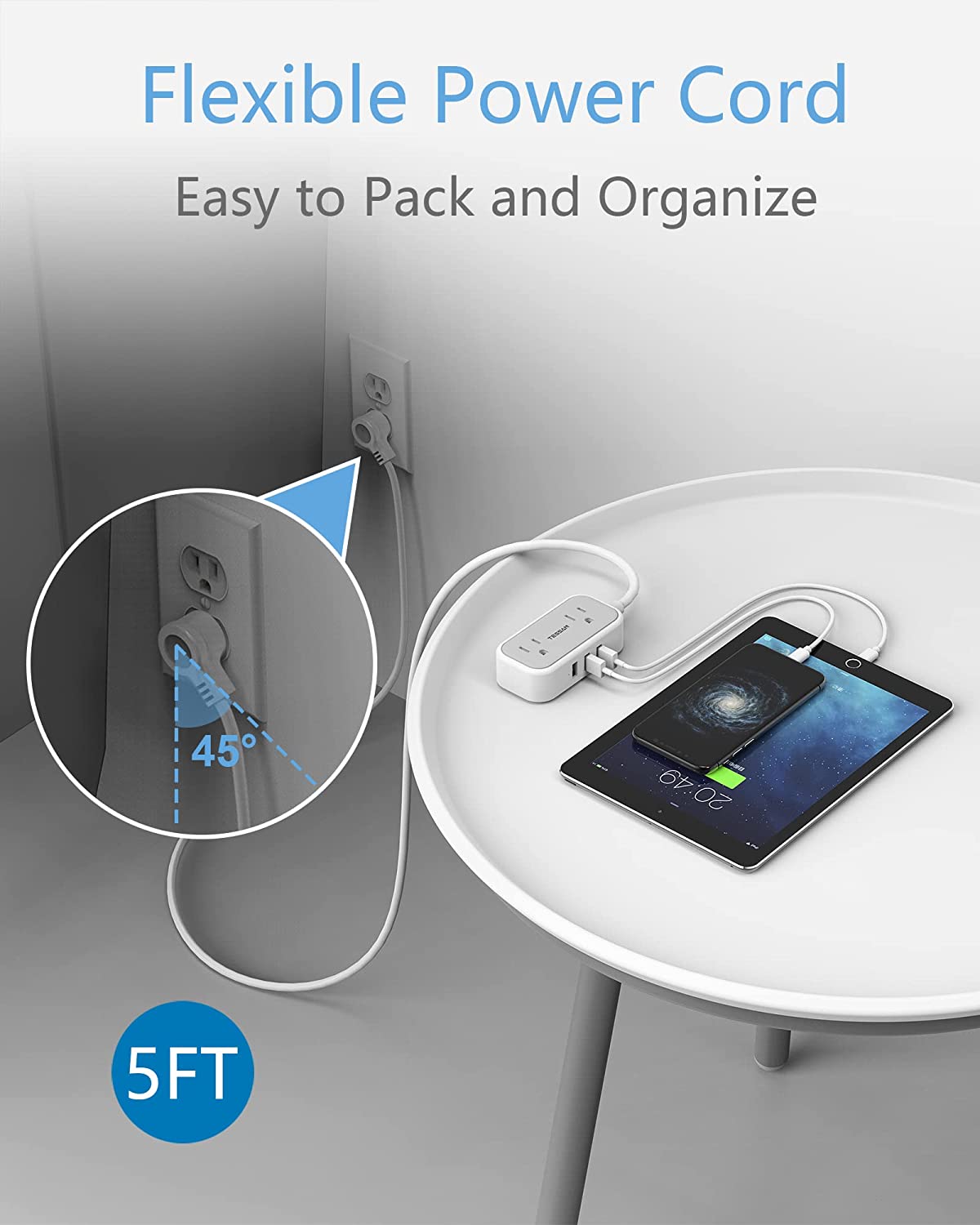 Travel Small Power Strip 5 FT Flat Plug With 2 Outlets 3 USB Ports