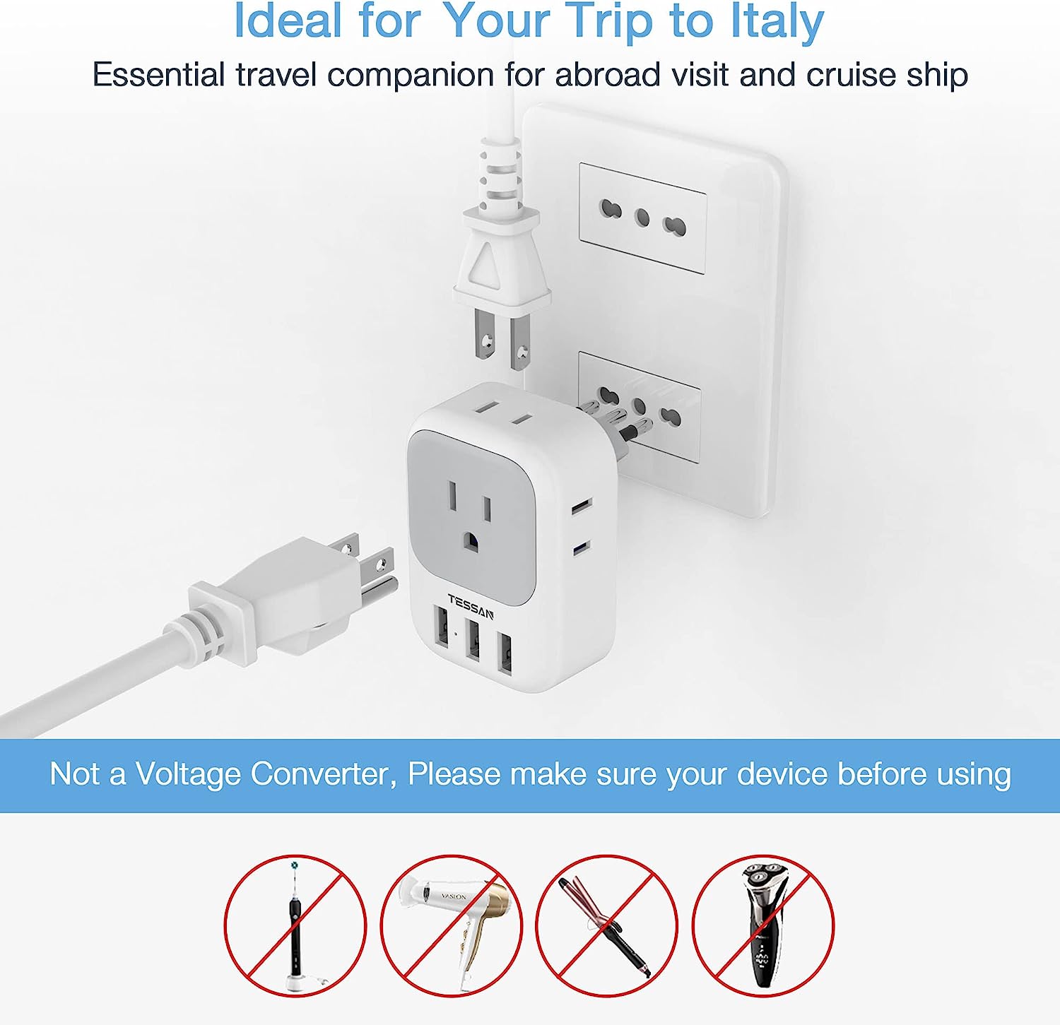 TESSAN US to Italian Power Adapter with 4 Outlets and 3 USB Ports