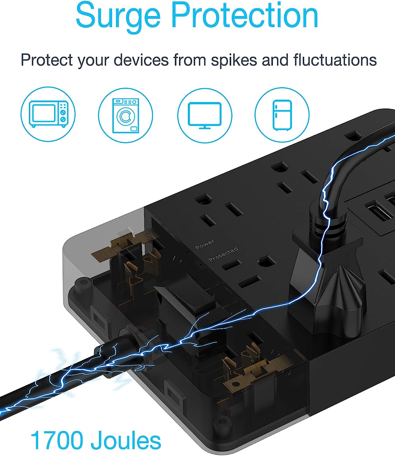 TESSAN Flat Plug Power Strip with 10 Widely Spaced AC Outlets and 3 Charging Ports