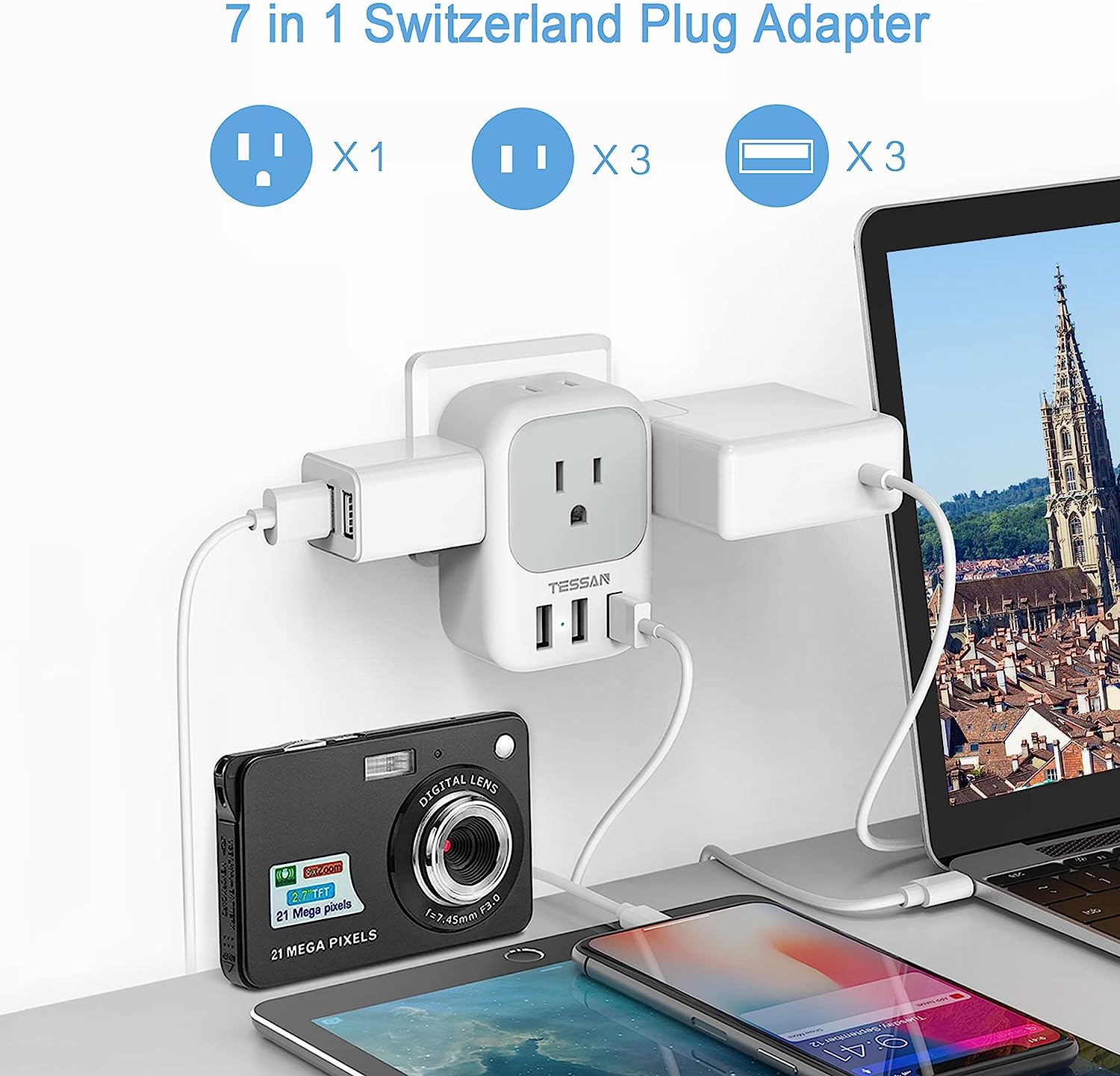 TESSAN Swiss Travel Adaptor with 4 Outlets 3 USB Charging Ports