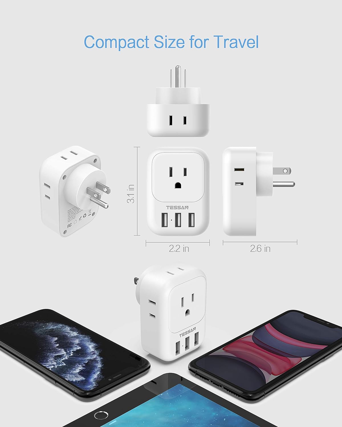 TESSAN Electrical 4 Box Splitter 3 USB Wall Charger, Multi Plug Outlet Extender with USB