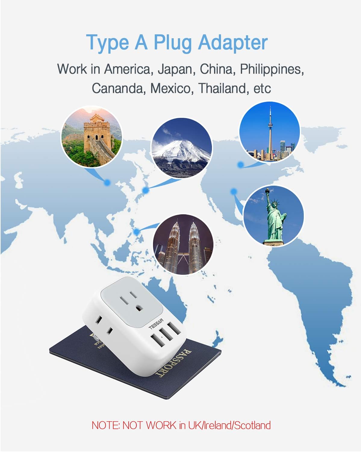 TESSAN US to Japan Plug Adapter with 4 AC Outlets 3 USB Ports