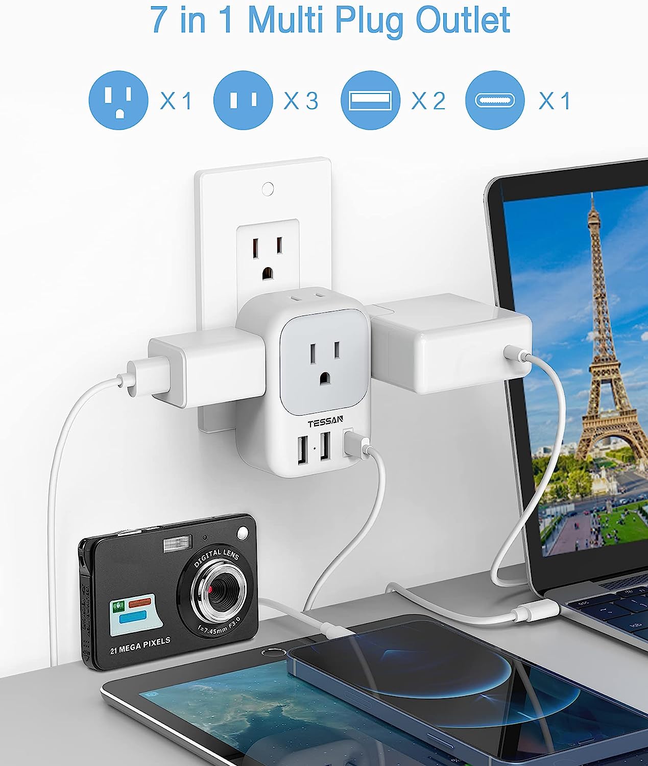TESSAN 3 USB Wall Charger Multiports (1 USB C Port), 20W PD USB Plug Adapter