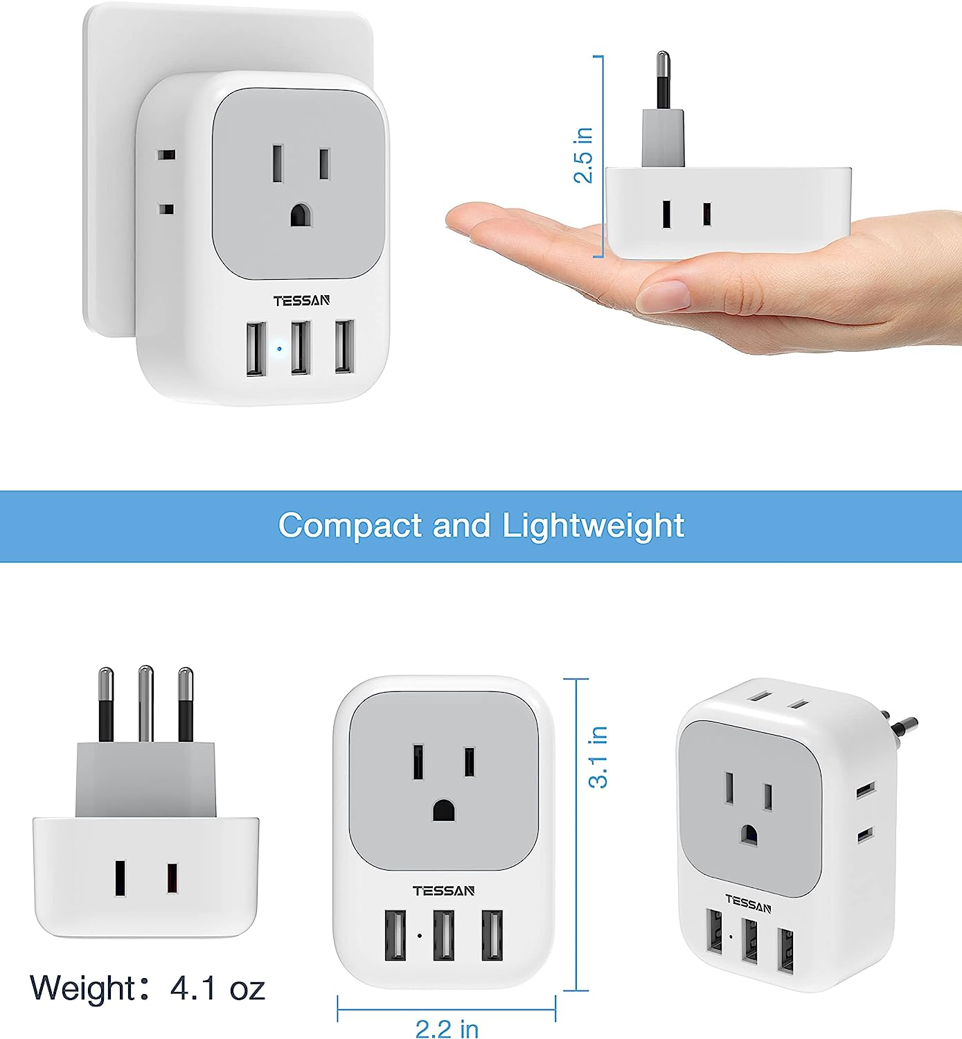 TESSAN US to Italian Power Adapter with 4 Outlets and 3 USB Ports