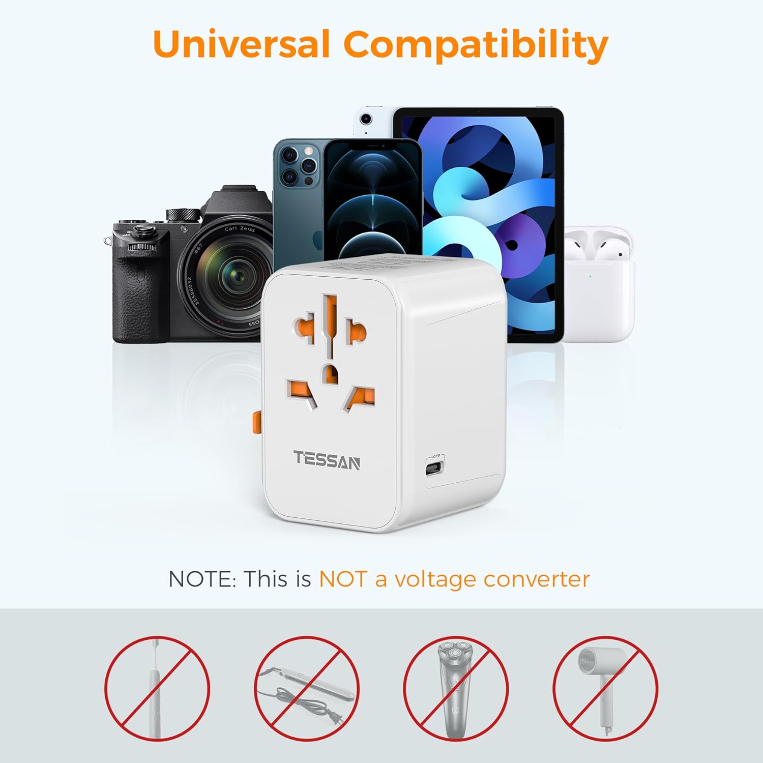 TESSAN International Plug Adaptor with 1 USB C and 4 USB A Ports, Universal Travel Plug Adapter 30W