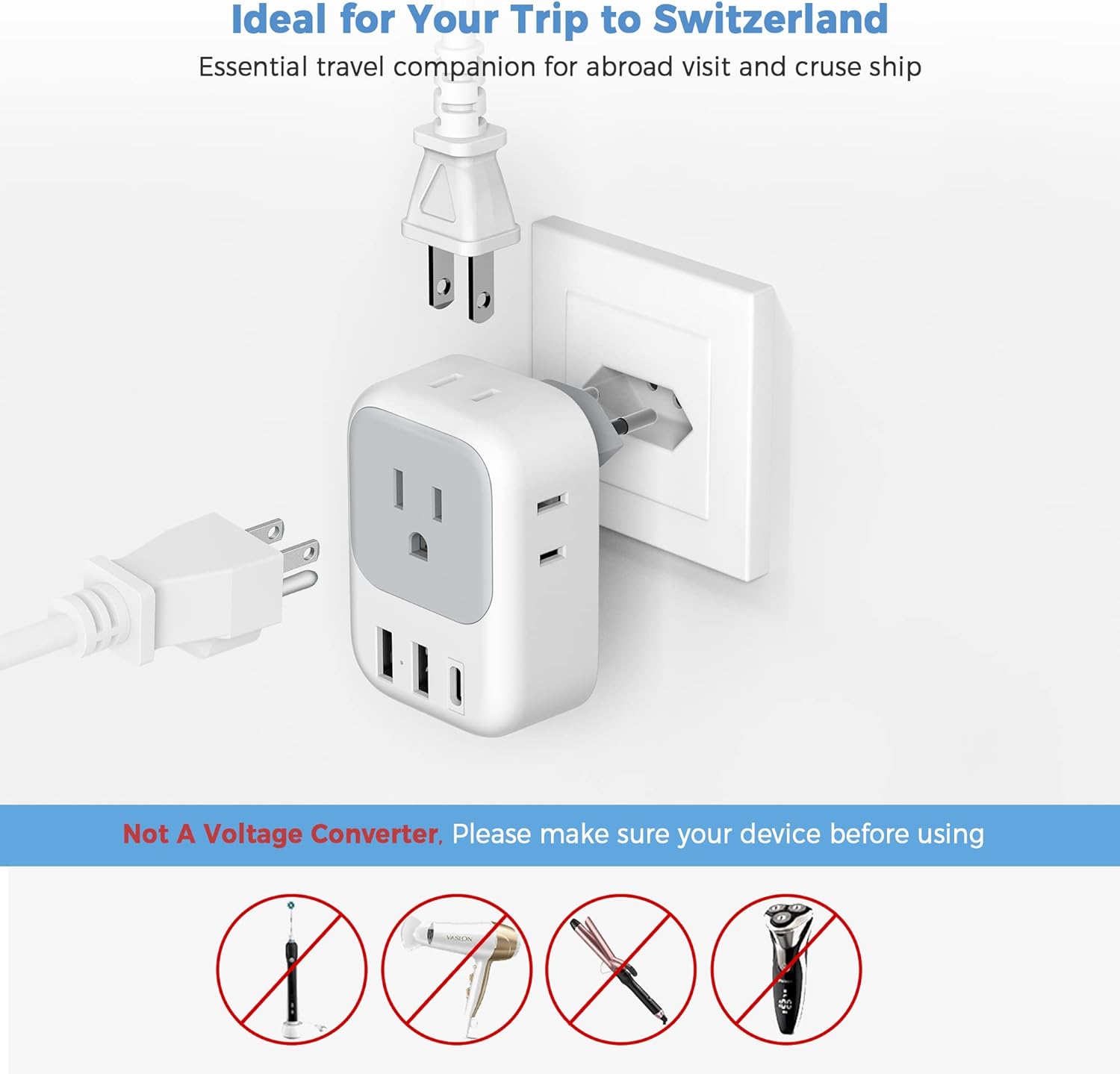 TESSAN US to Switzerland Plug Adapter with 4 American Outlets 3 USB Charger (1 USB C Port)