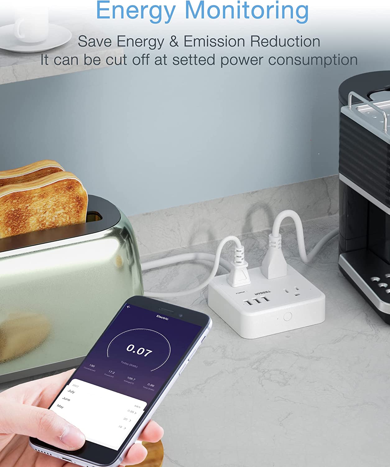 TESSAN WiFi Extension Cord with 3 Individually Remote Controlled Outlets 3 USB Ports