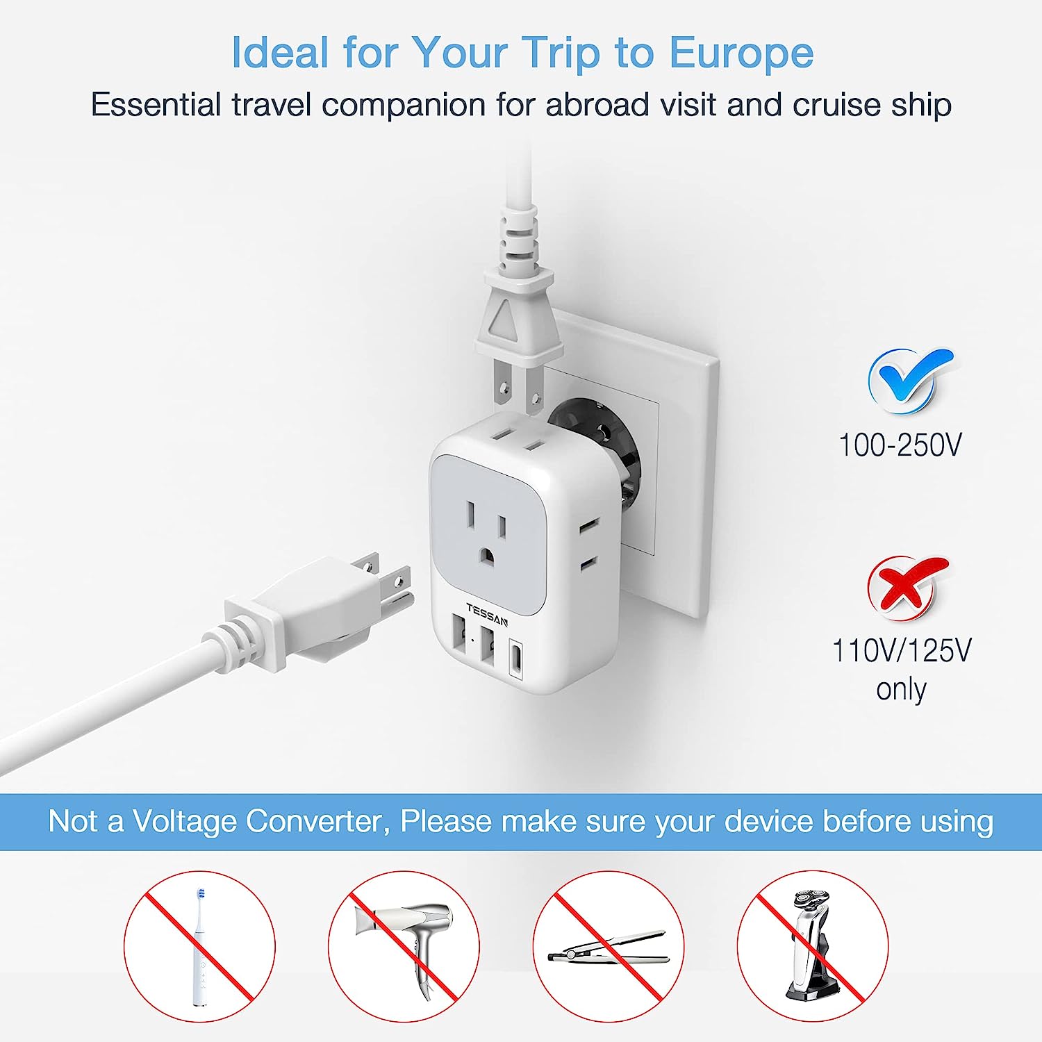 TESSAN US to Europe Power Adapter with 4 AC Outlets and 3 USB (1 USB C), 3 Pack