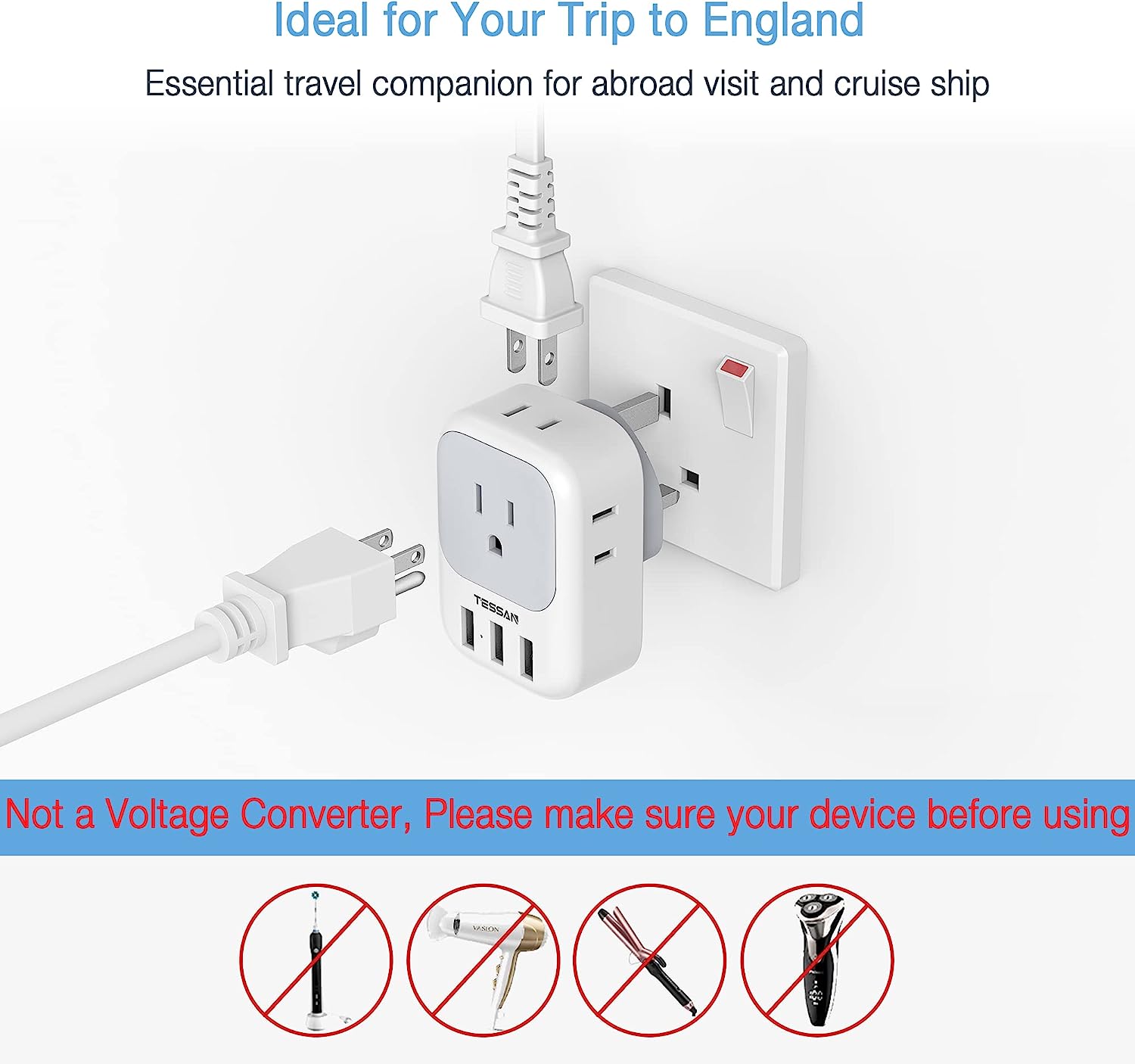 TESSAN US to UK Plug Adapter, 4 American Outlets 3 USB, 2 Pack