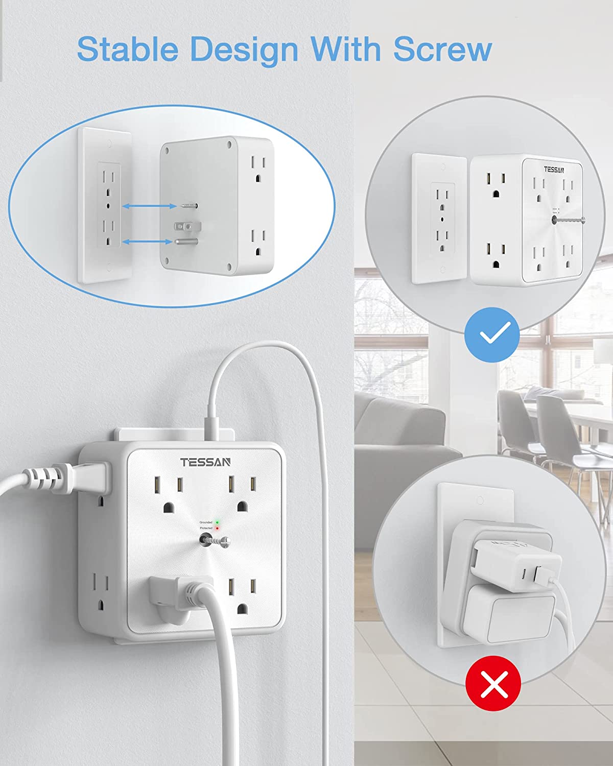 TESSAN Surge Protector Outlet Extender, 8 Multi Outlet Splitter with 3 USB Wall Charger (1 USB C Port)