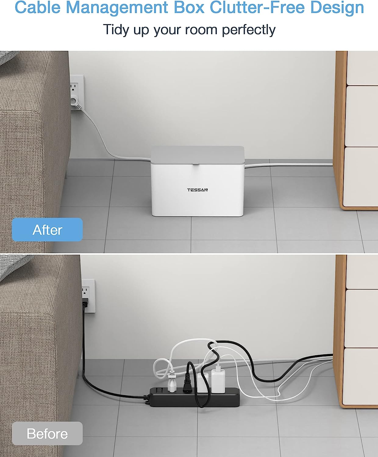 TESSAN 5 ft Flat Plug Extension Cord, 4 Outlets 2 USB Ports with Overload Switch, Power Strip with Cable Management Box