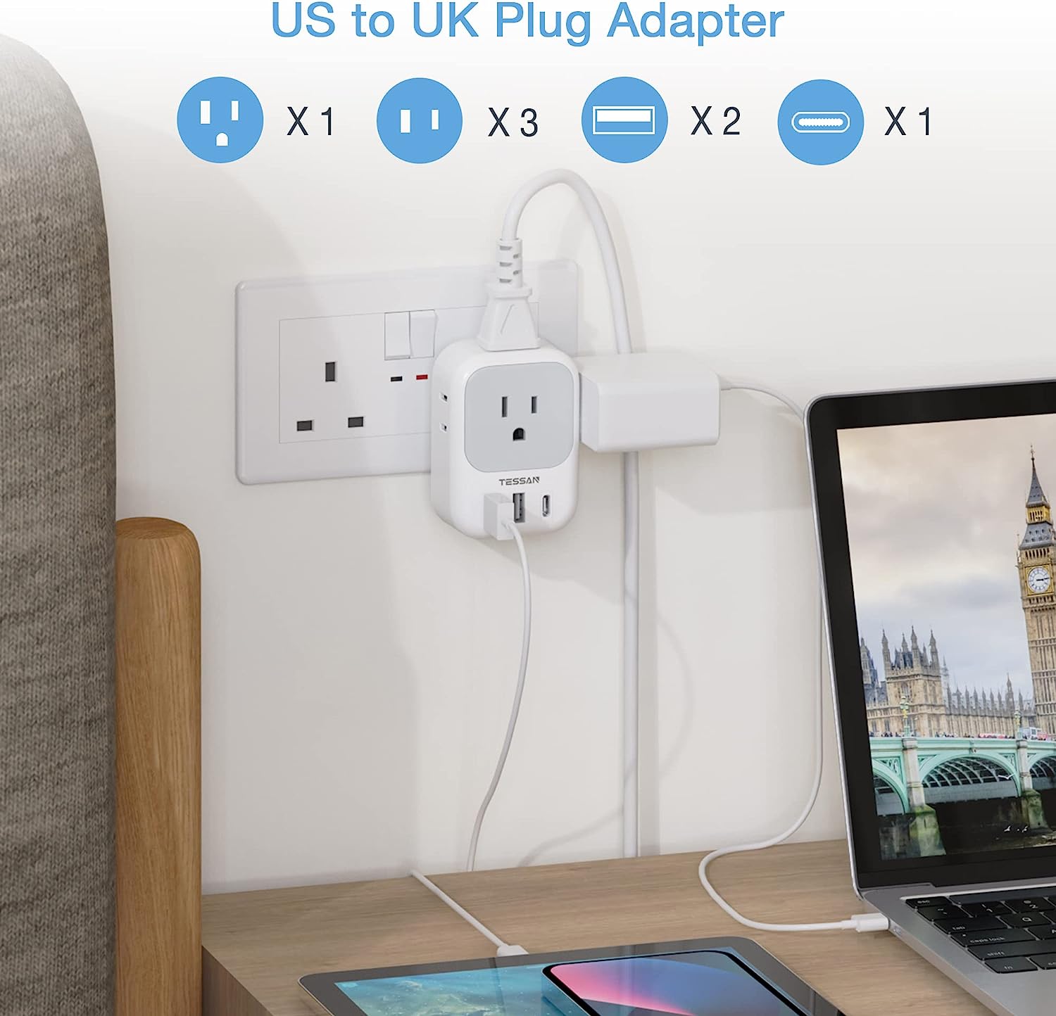 TESSAN Type G Travel Converter with 4 Outlets 3 USB Charger(1 USB C Port), 2 Pack
