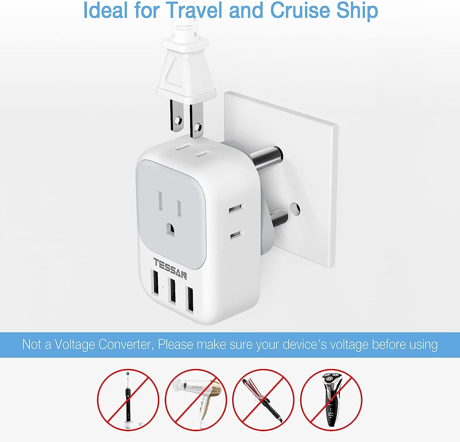 TESSAN South Africa Power Adapter with 4 AC Outlets 3 USB Ports
