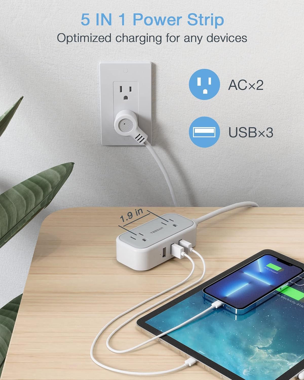 TESSAN European Travel Plug Adapter with Power Strip, EU UK Travel Extension Cord with 2 Outlet 3 USB