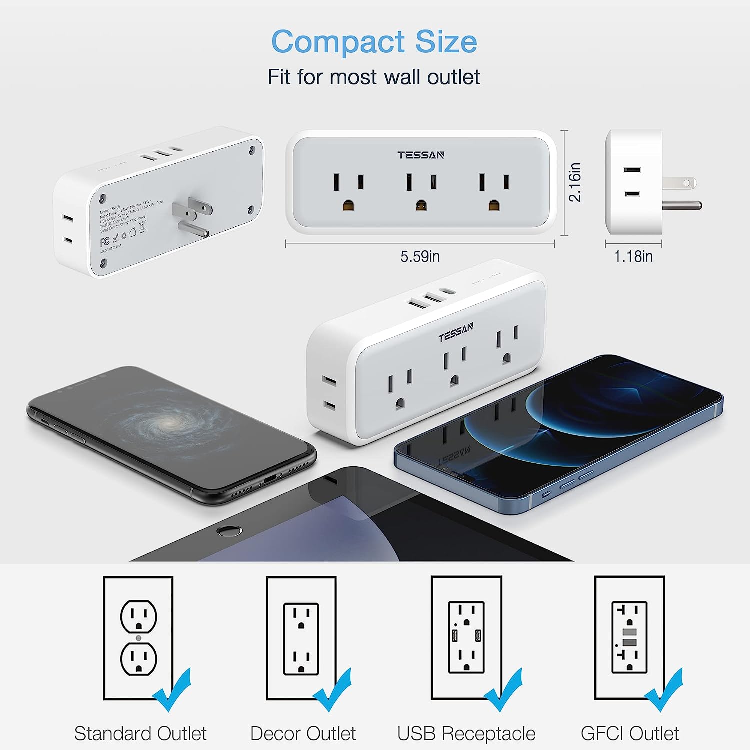 TESSAN Multiple Outlet Splitter with 5 Outlets and 3 USB (1 USB C)
