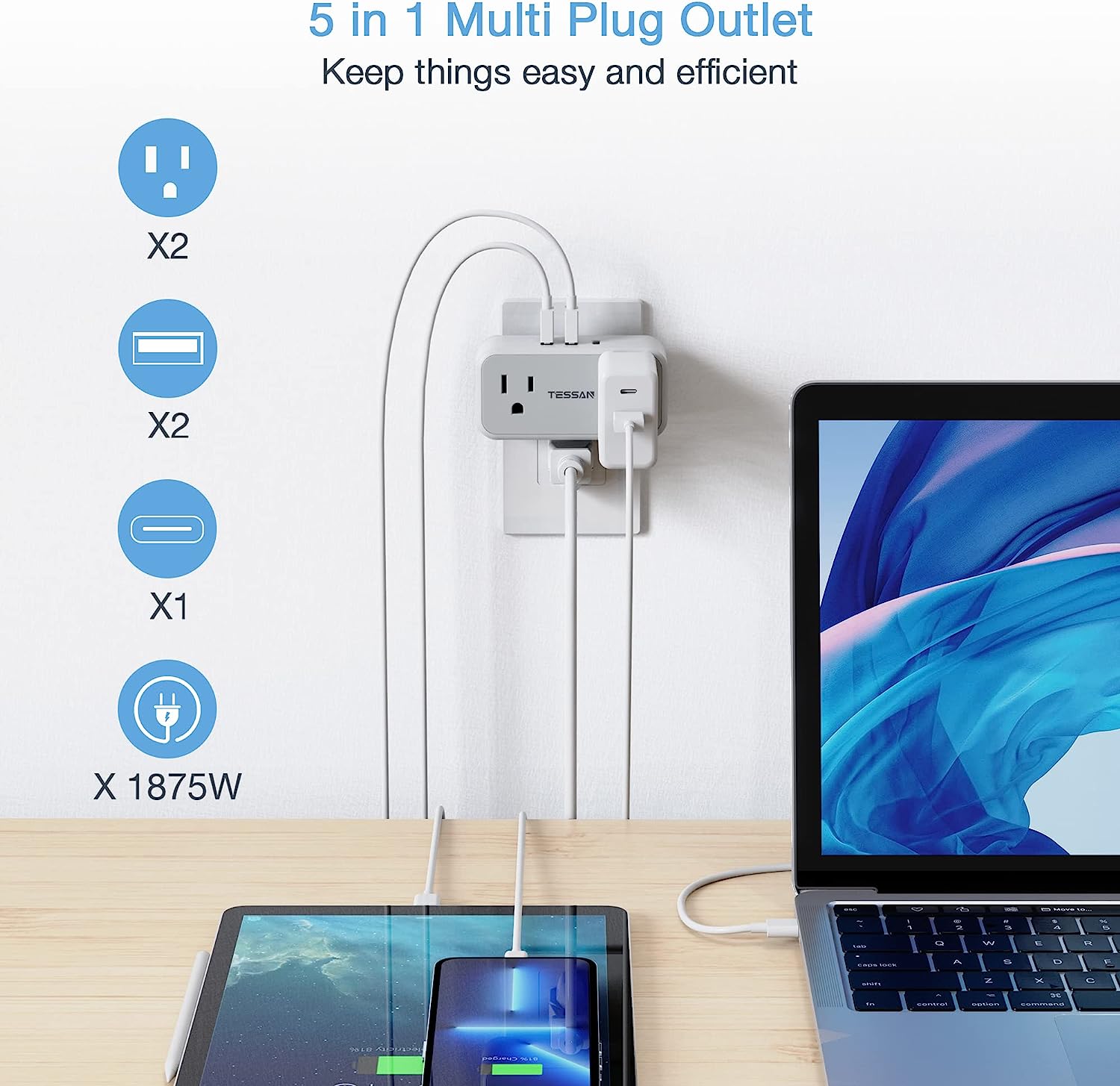 TESSAN Outlet Extender with USB Wall Charger, 3 USB Wall Plug (1 USB C Port)