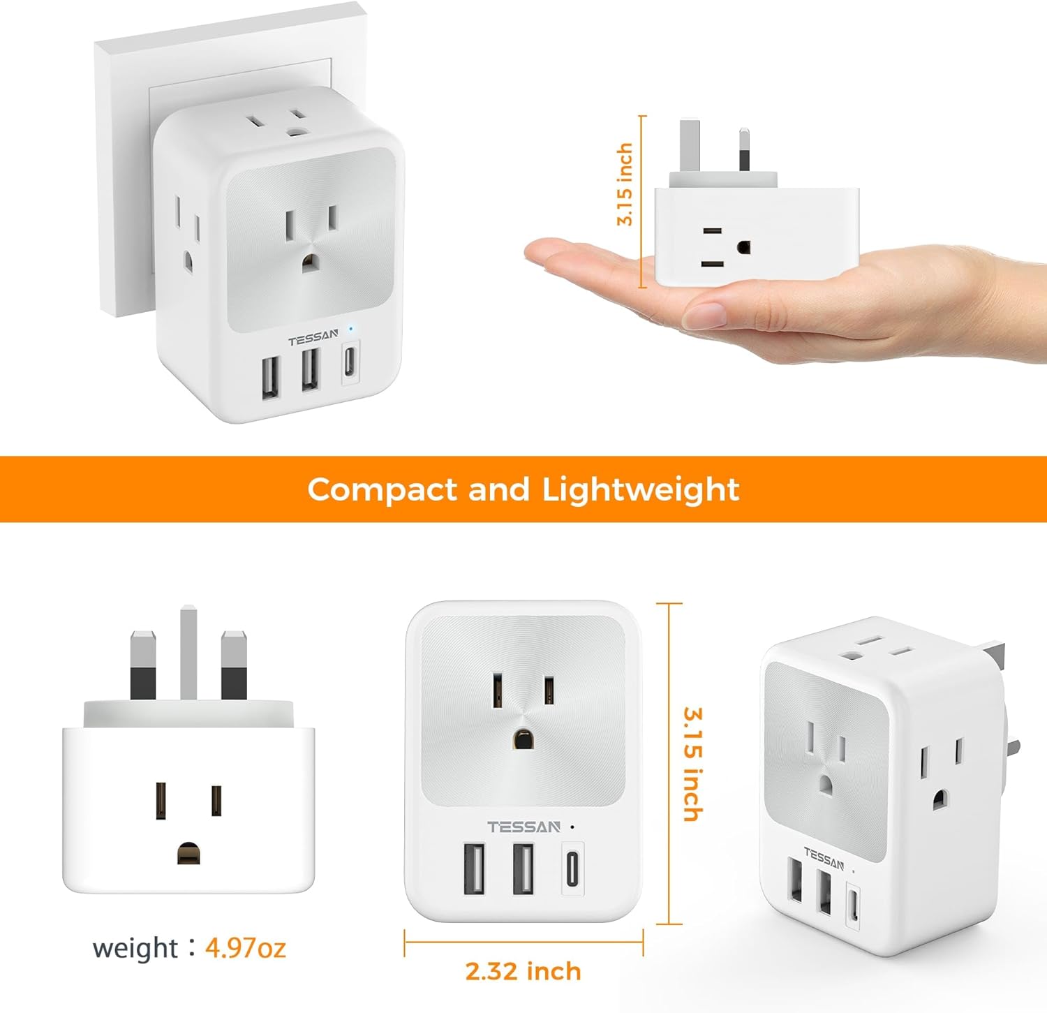 TESSAN US to UK Power Adaptor with 4 Outlets 3 USB Charger (1 USB C Port), UK Travel Plug Adapter 2 Pack