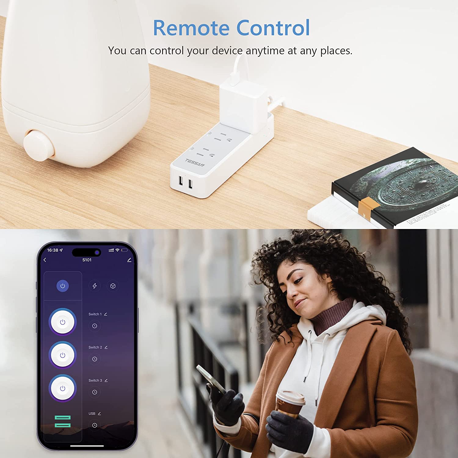 TESSAN WiFi Extension Cord with 3 Individually Remote Controlled Outlets Socket 2 USB