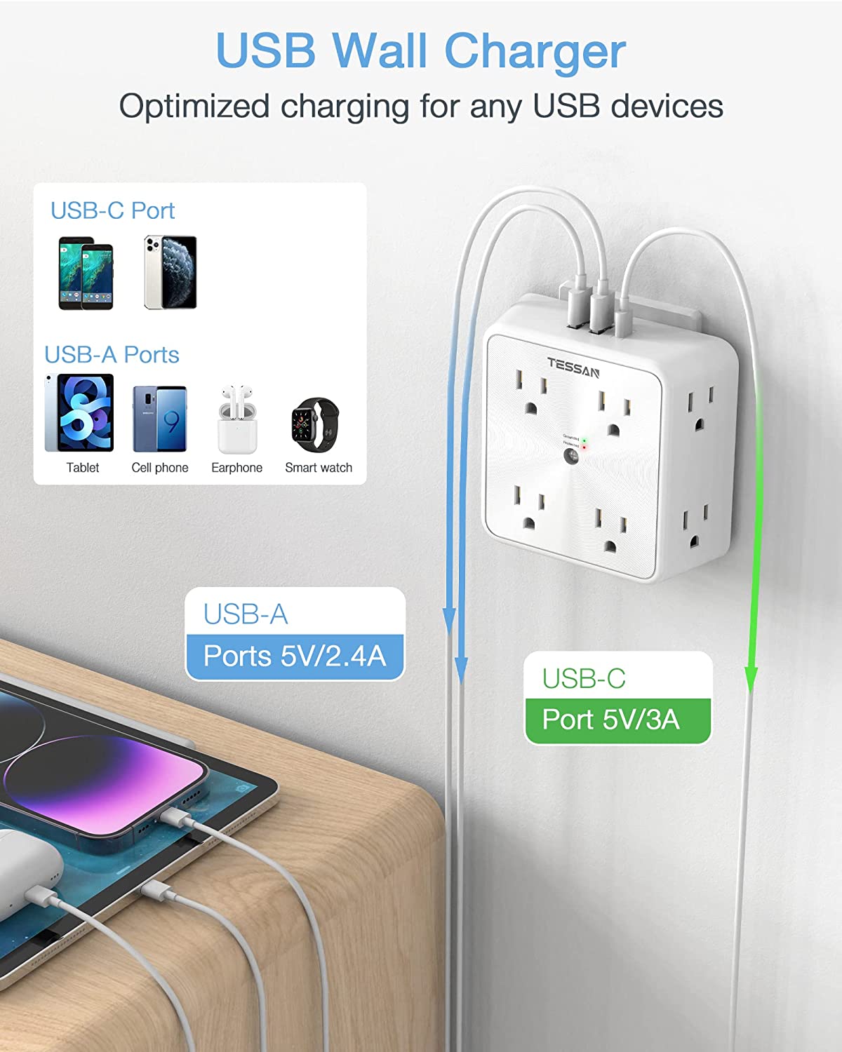 TESSAN Surge Protector Outlet Extender, 8 Multi Outlet Splitter with 3 USB Wall Charger (1 USB C Port)