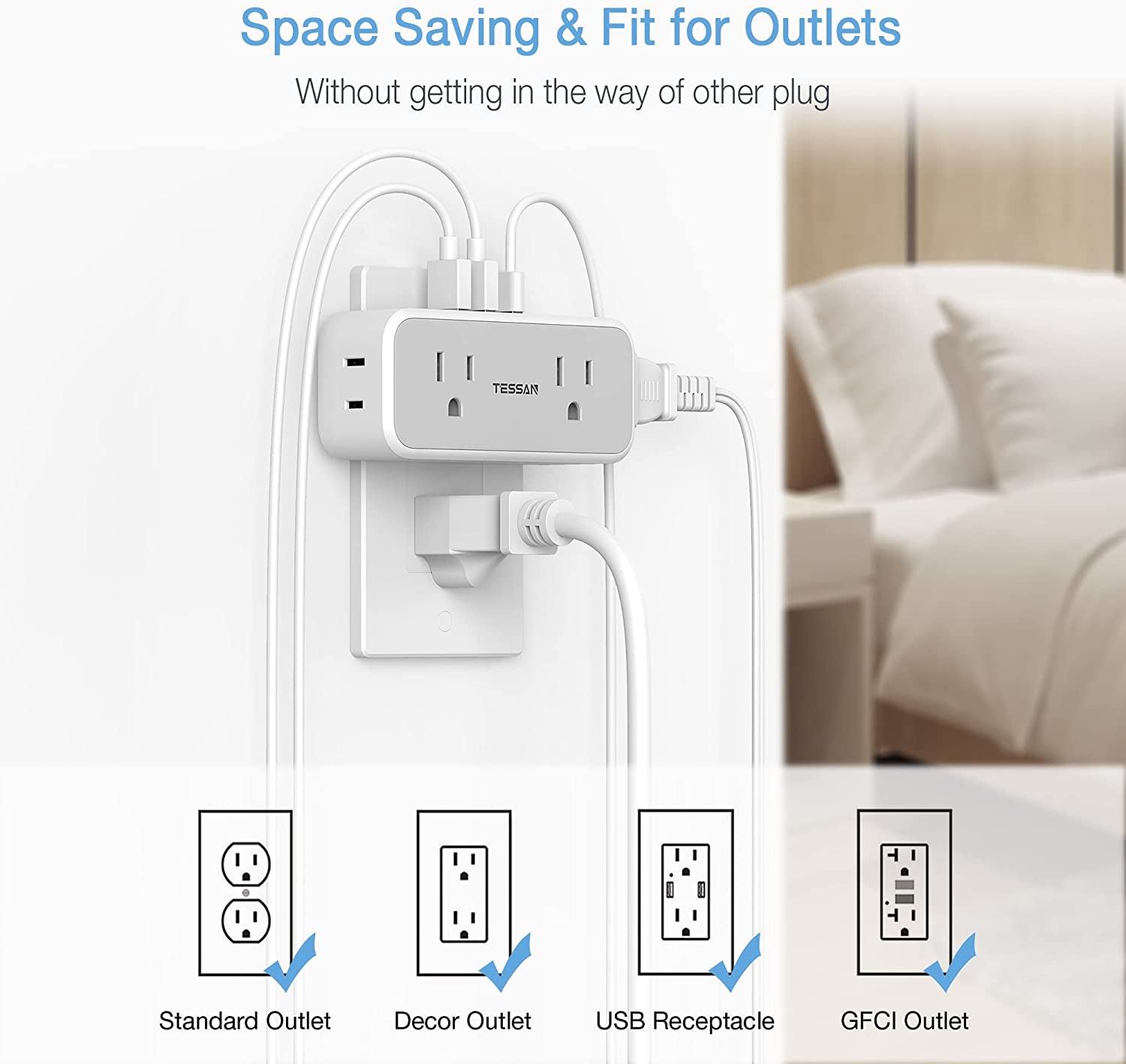 TESSAN USB Outlet Extender with 4 AC Outlets 2 USB A Ports 1 USB C Port