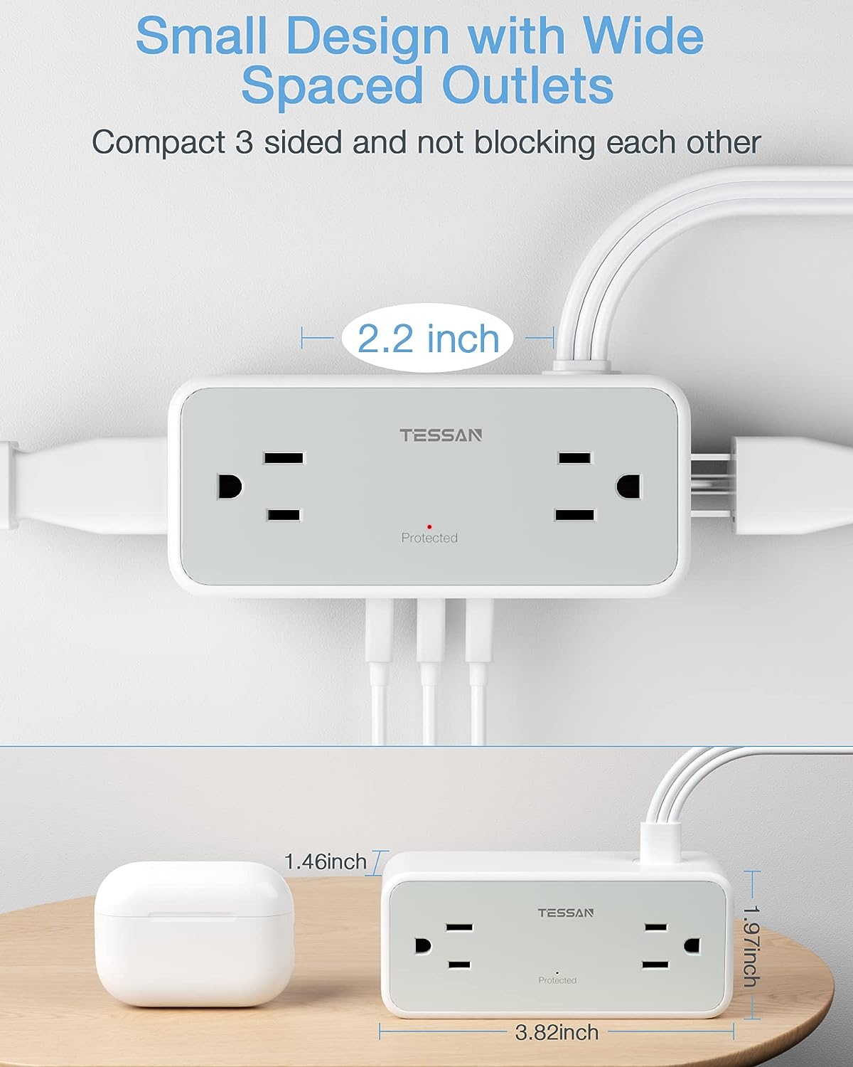 TESSAN Surge Protector Flat Plug Power Strip 4 Wide Spaced AC Outlets 3 USB, Ultra Thin 5FT Flat Extension Cord