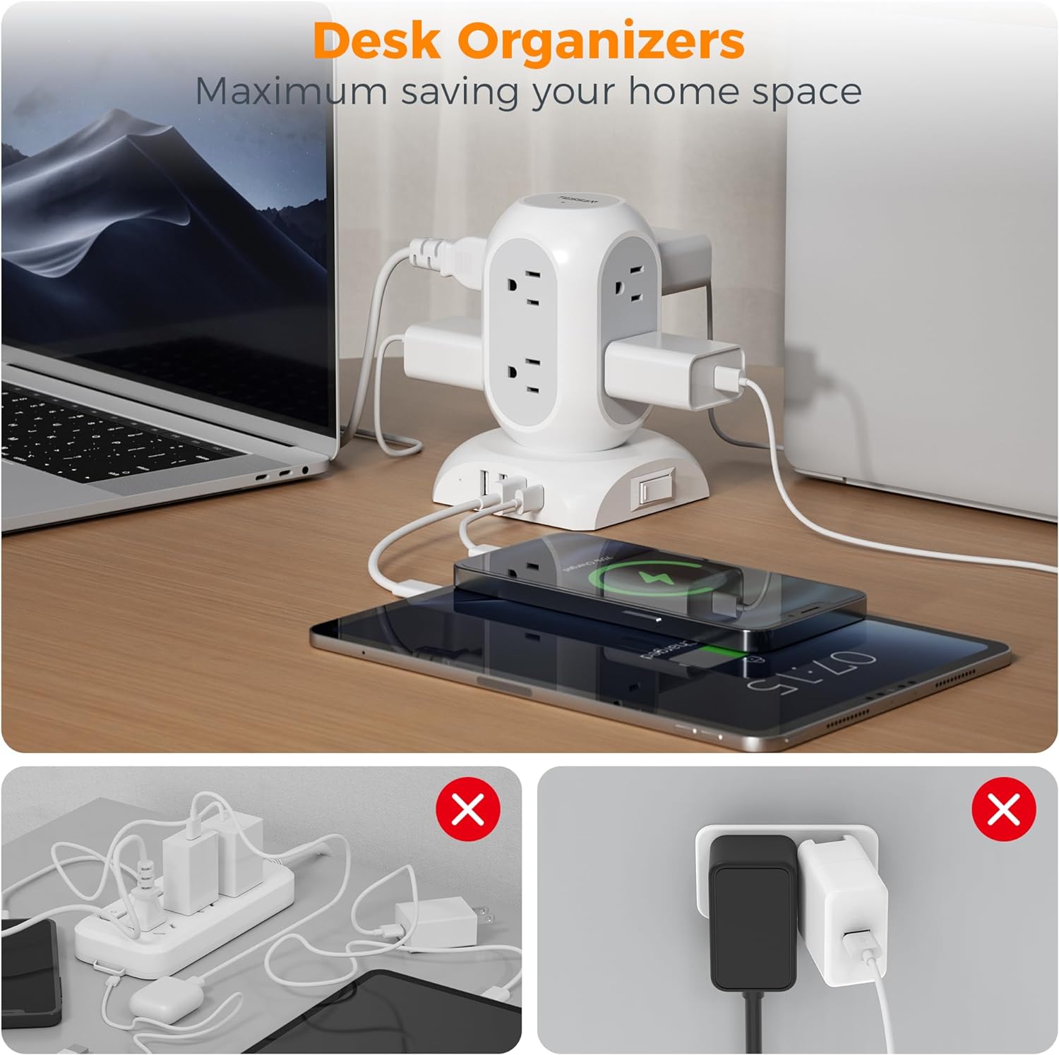 TESSAN Flat Plug Extension Cord 10 Ft with 8 AC Multiple Outlets 4 USB Ports (1 USB C)