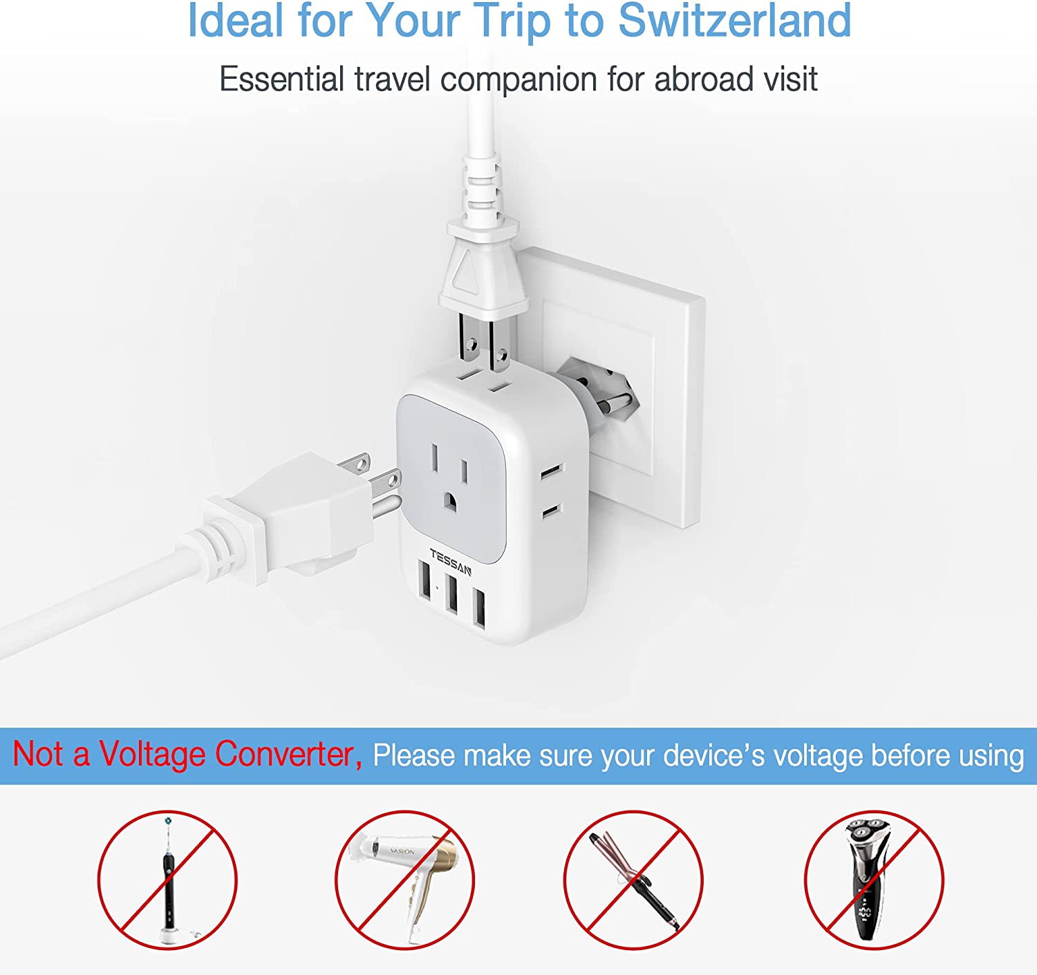 TESSAN Swiss Travel Adaptor with 4 Outlets 3 USB Charging Ports
