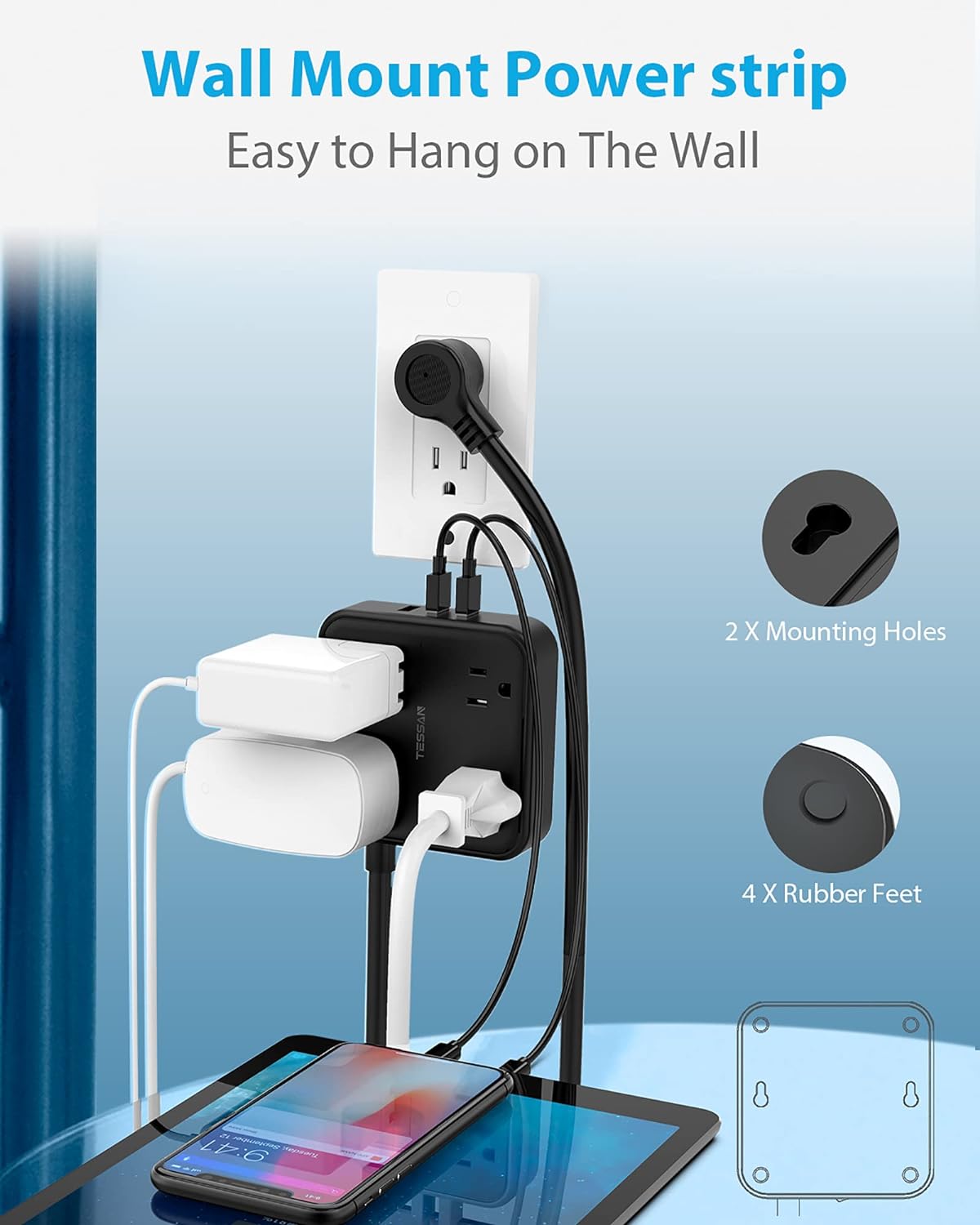 TESSAN Flat Plug Power Strip with Long Cord, 4 Widely Spaced Outlets and 3 USB Ports, Extension Cord 15 FT