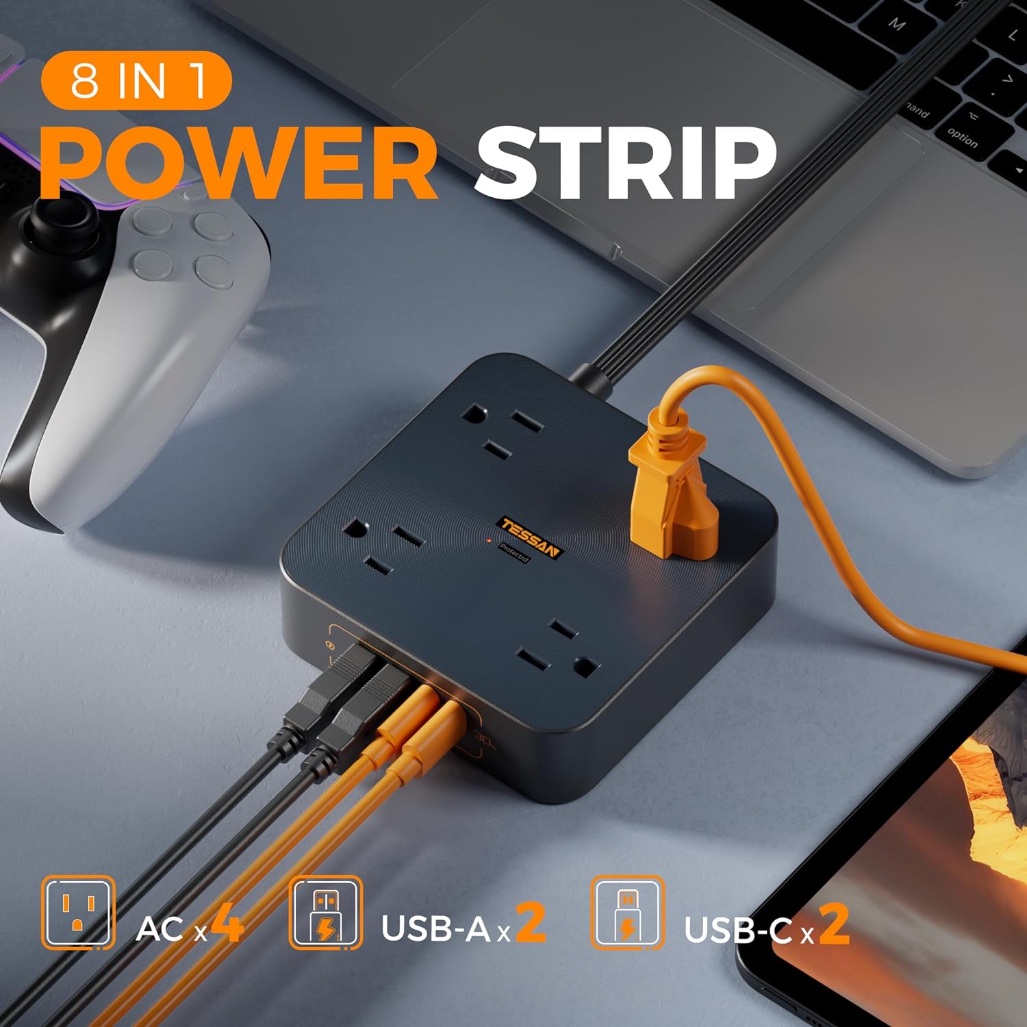 TESSAN 5 FT Flat Plug Extension Cord, Fast Charger Surge Protector with 2 USB C