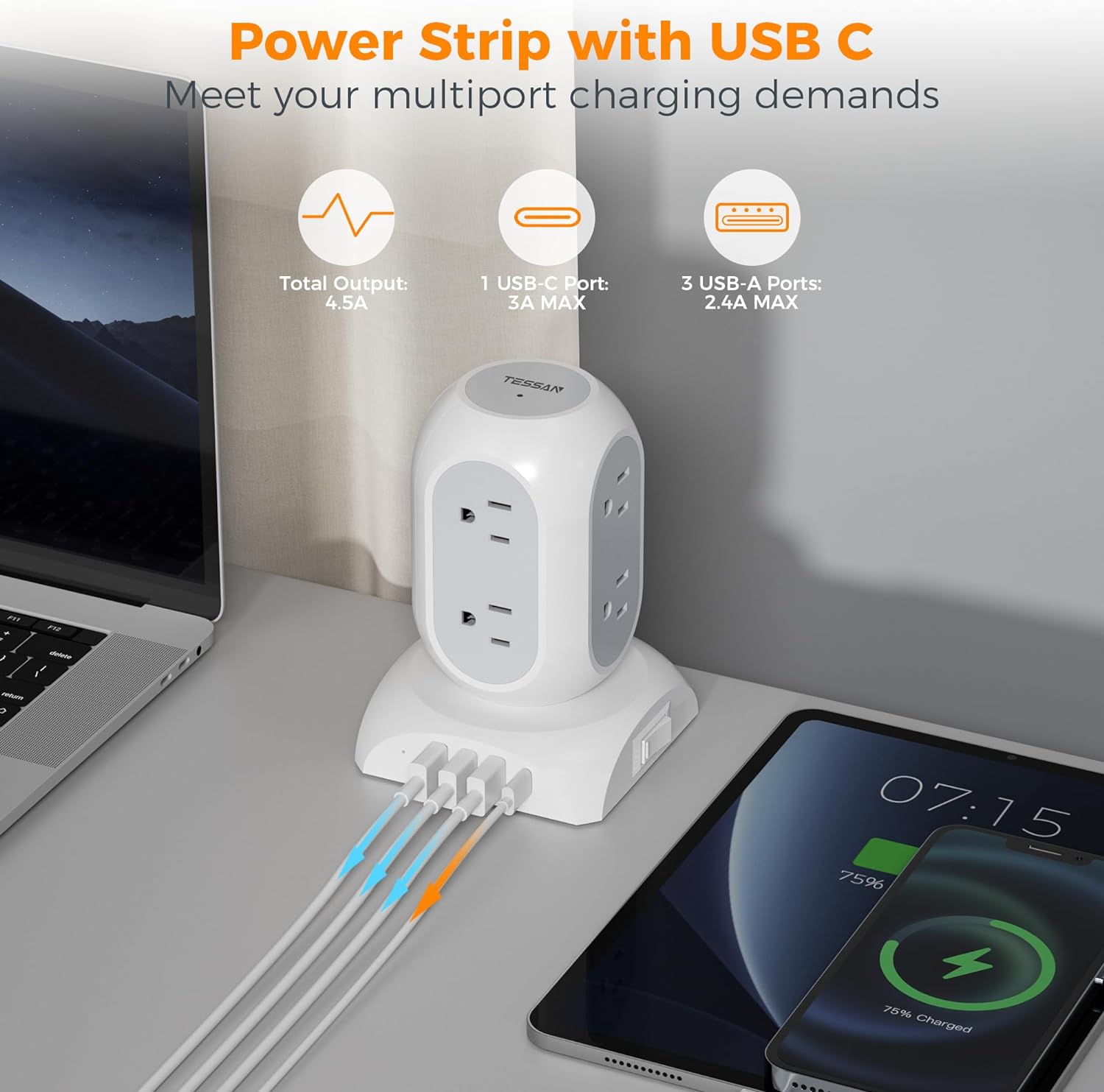 TESSAN Flat Plug Extension Cord 10 Ft with 8 AC Multiple Outlets 4 USB Ports (1 USB C)