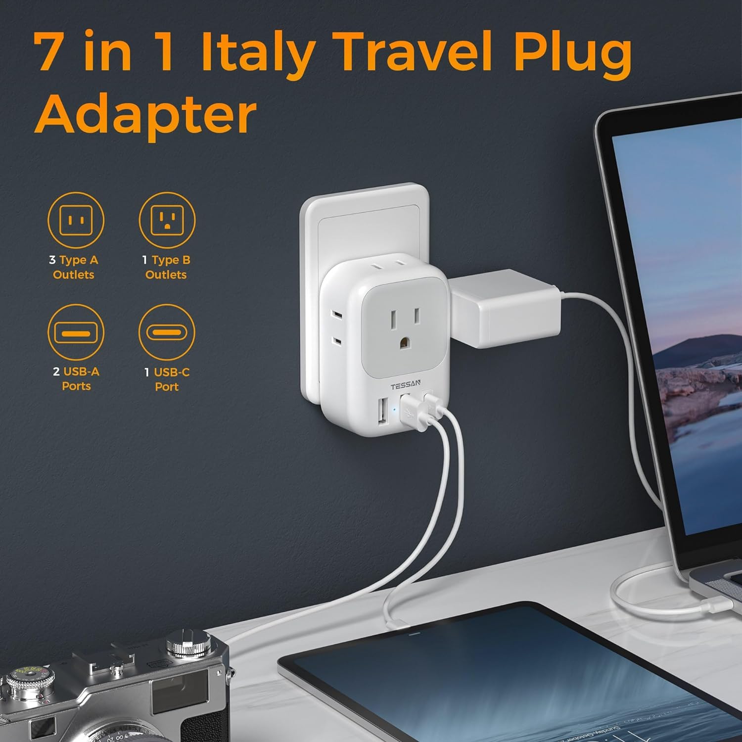 TESSAN Italy Power Adapter with 4 Outlets 3 USB Charger (1 USB C Port), Italy Travel Plug Adapter 2 Pack