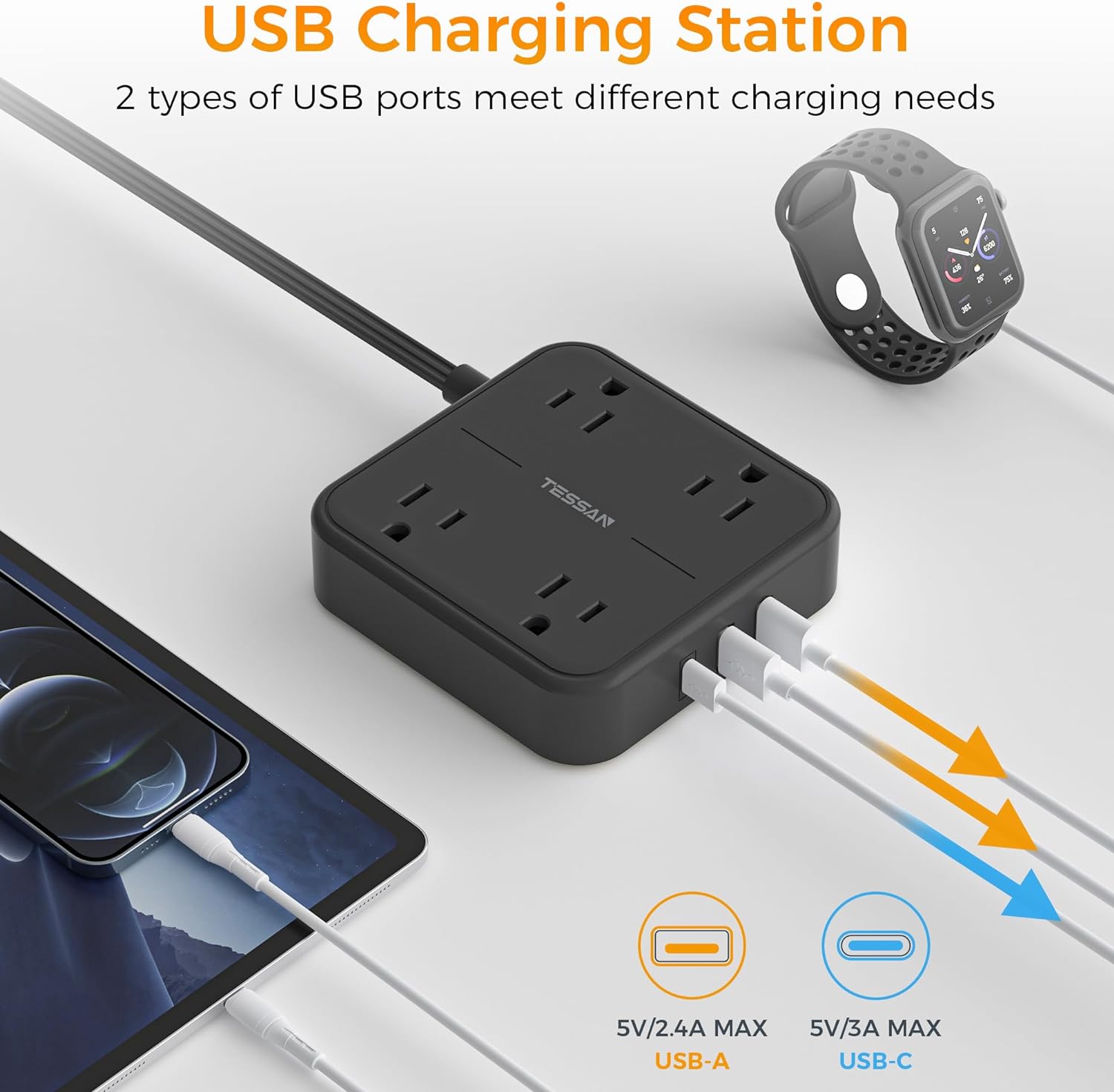 TESSAN 4 AC Outlets Surge Protector Extension Cord, Black Flat Plug Power Strip with 3 USB Ports (1 USB C)
