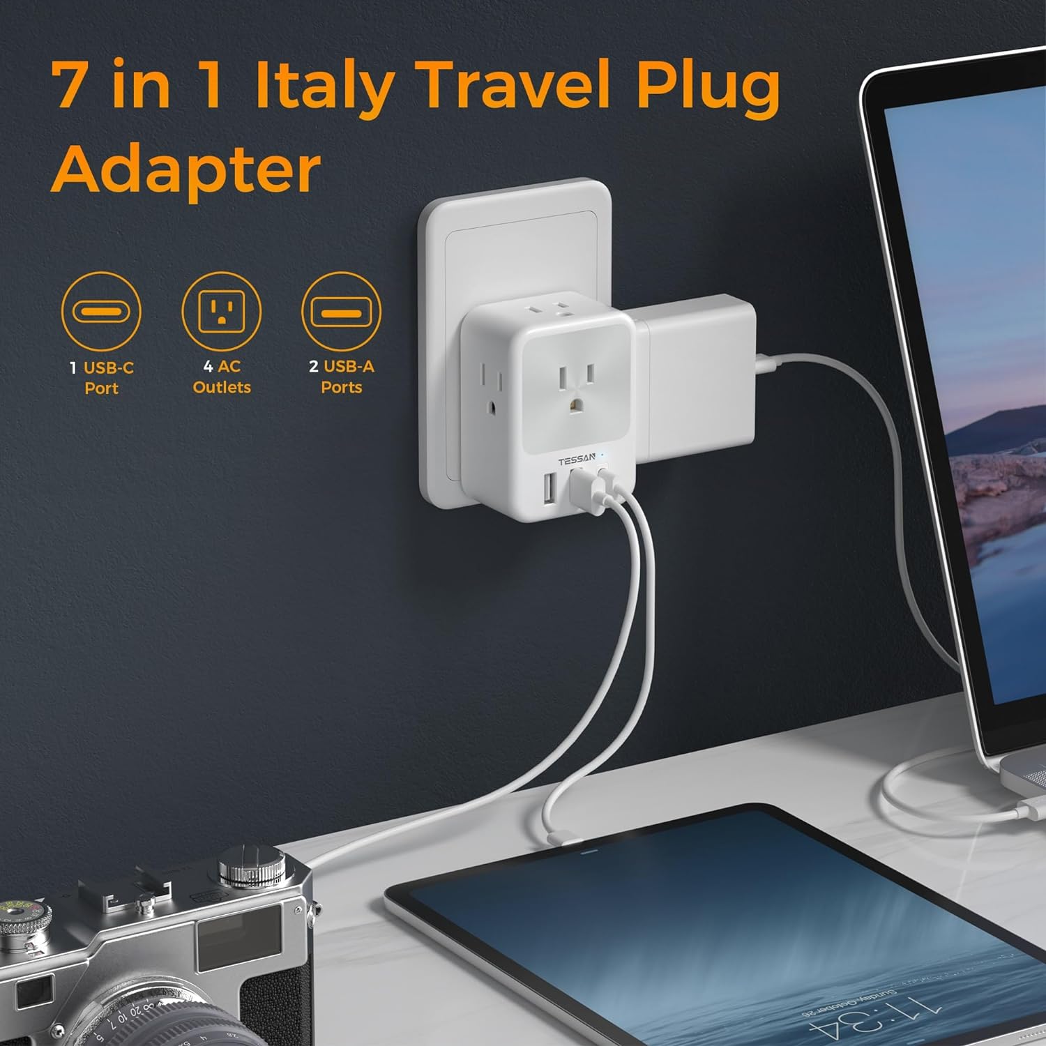 TESSAN Italy Power Adapter with 4 Outlets 3 USB Ports (1 USB C), Italy Travel Plug Adapter 2 Packs