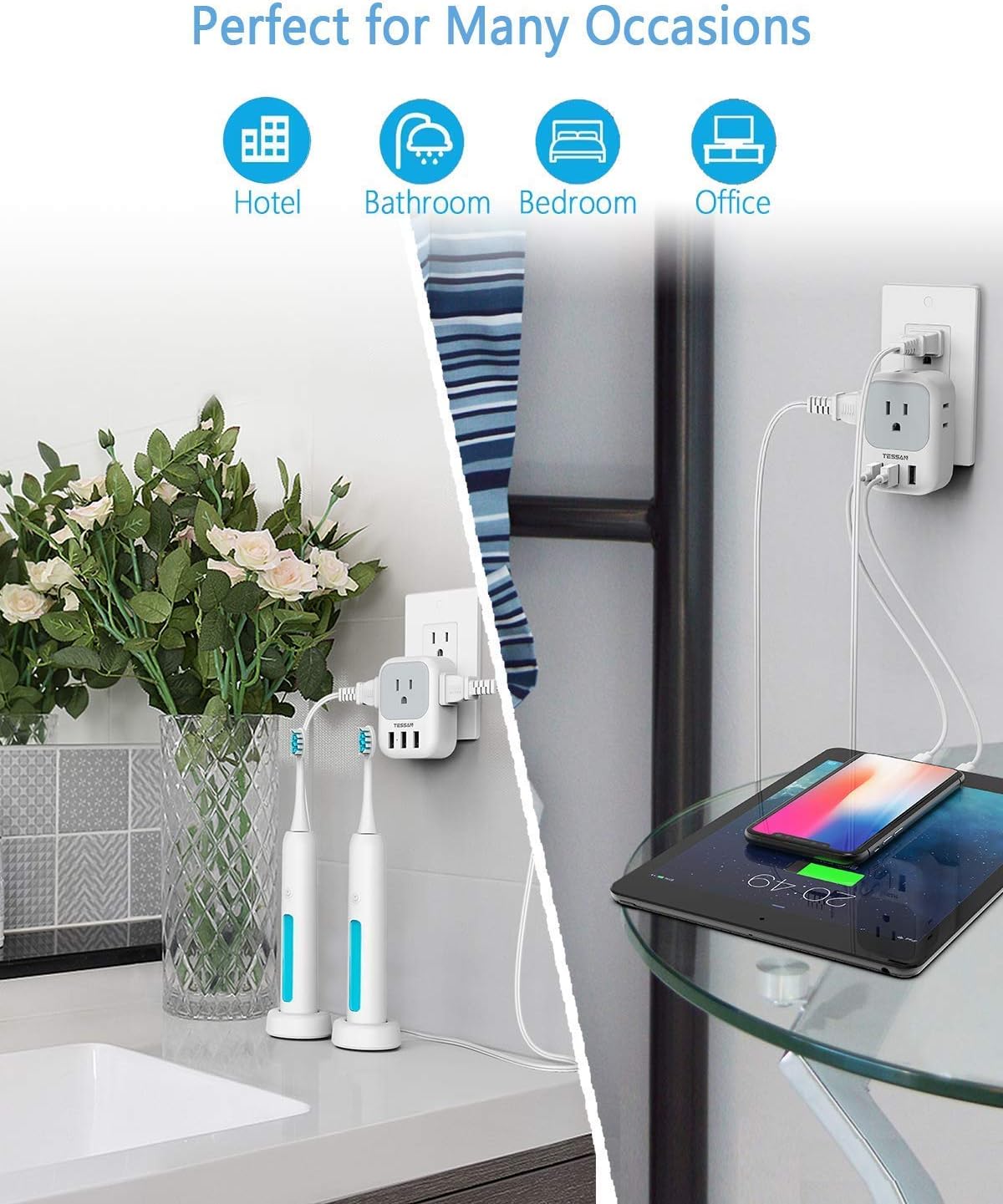 TESSAN 4 Electrical Outlet Extender with 3 USB Ports