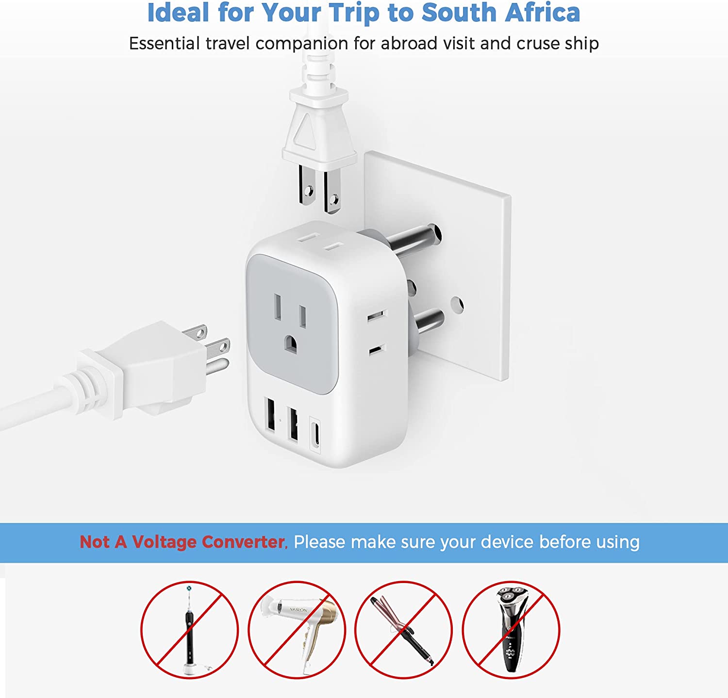 TESSAN South Africa Power Adapter with 4 American Outlets 3 USB Charger (1 USB C Port)