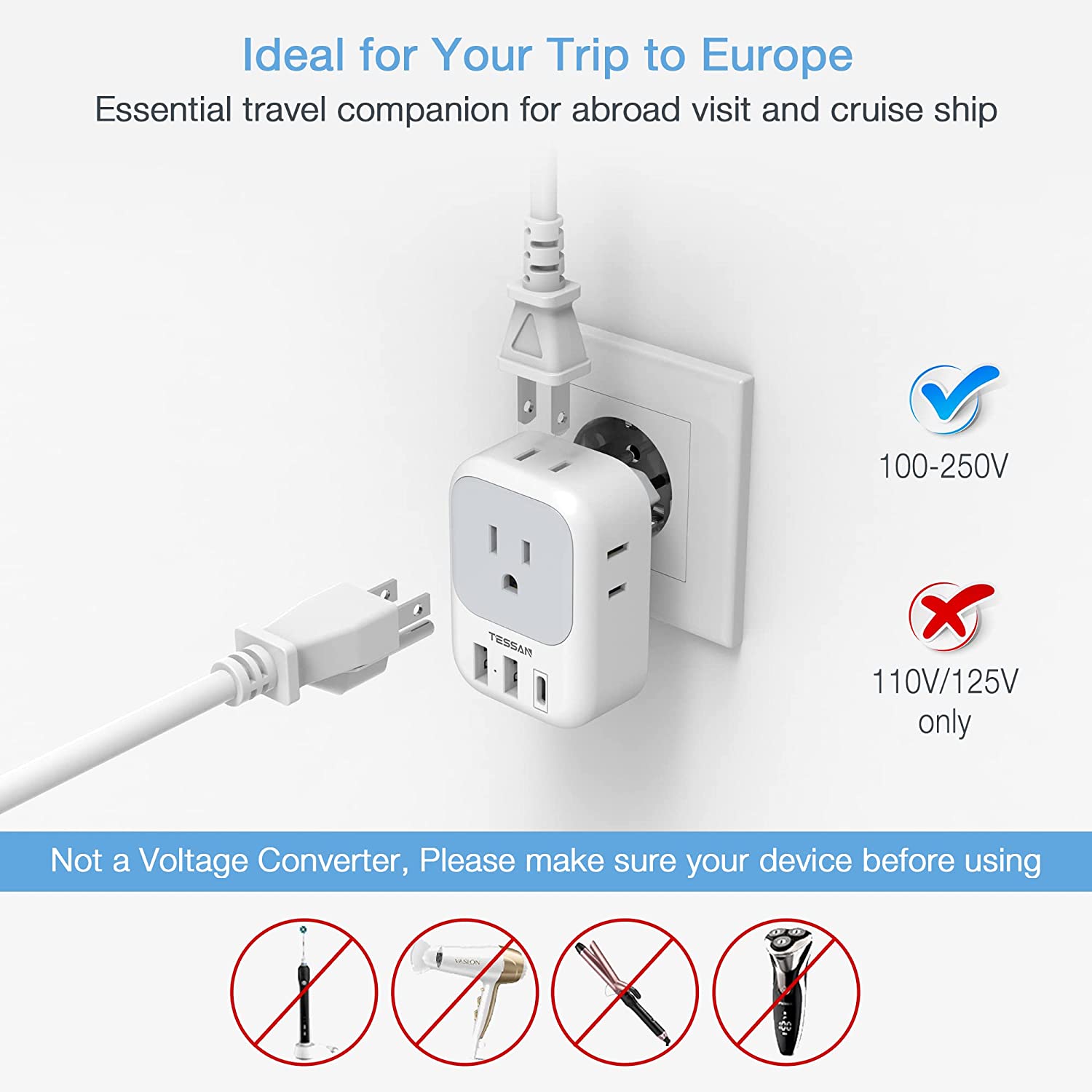 TESSAN US to Europe Plug Adapter with 4 Outlets 3 USB Charger (1 USB C Port), 2 Pack