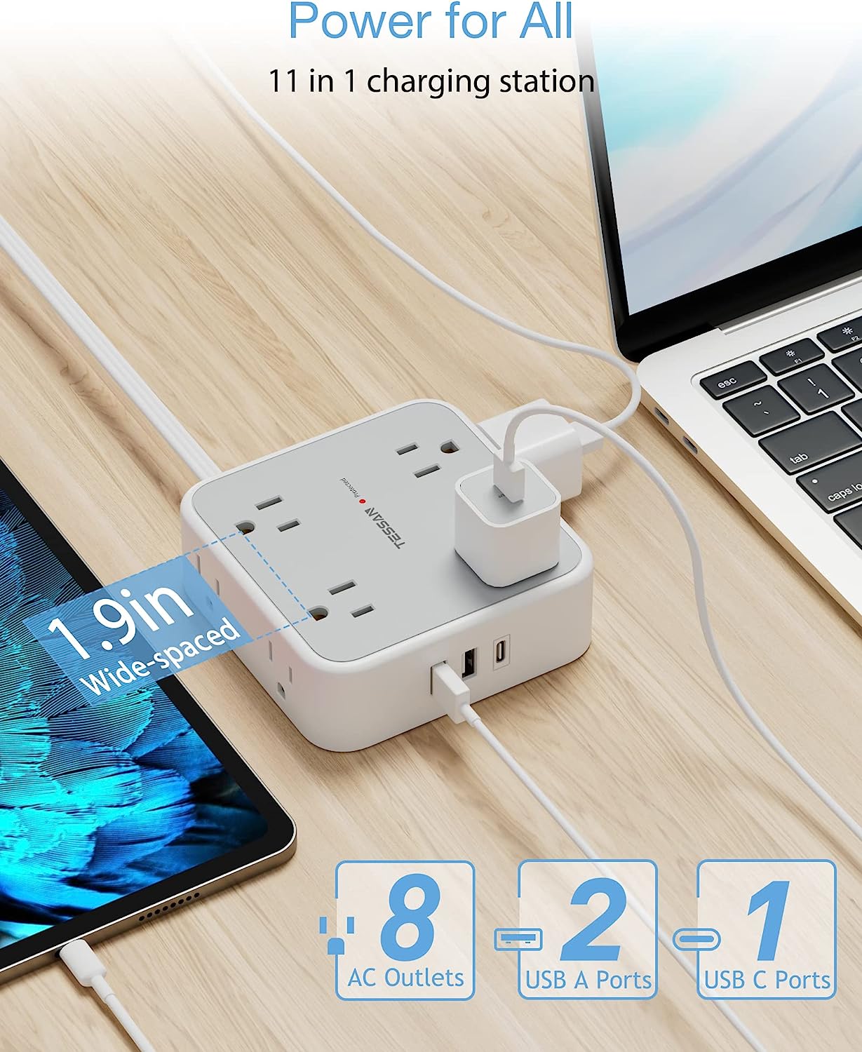 Surge Protector Power Strip, 8 AC Outlets, 3 USB Charger(1 USB C Port)