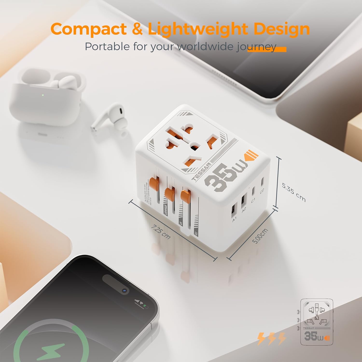 TESSAN 35W Universal Travel Adapter with 3 USB C and 2 USB A Charging Ports
