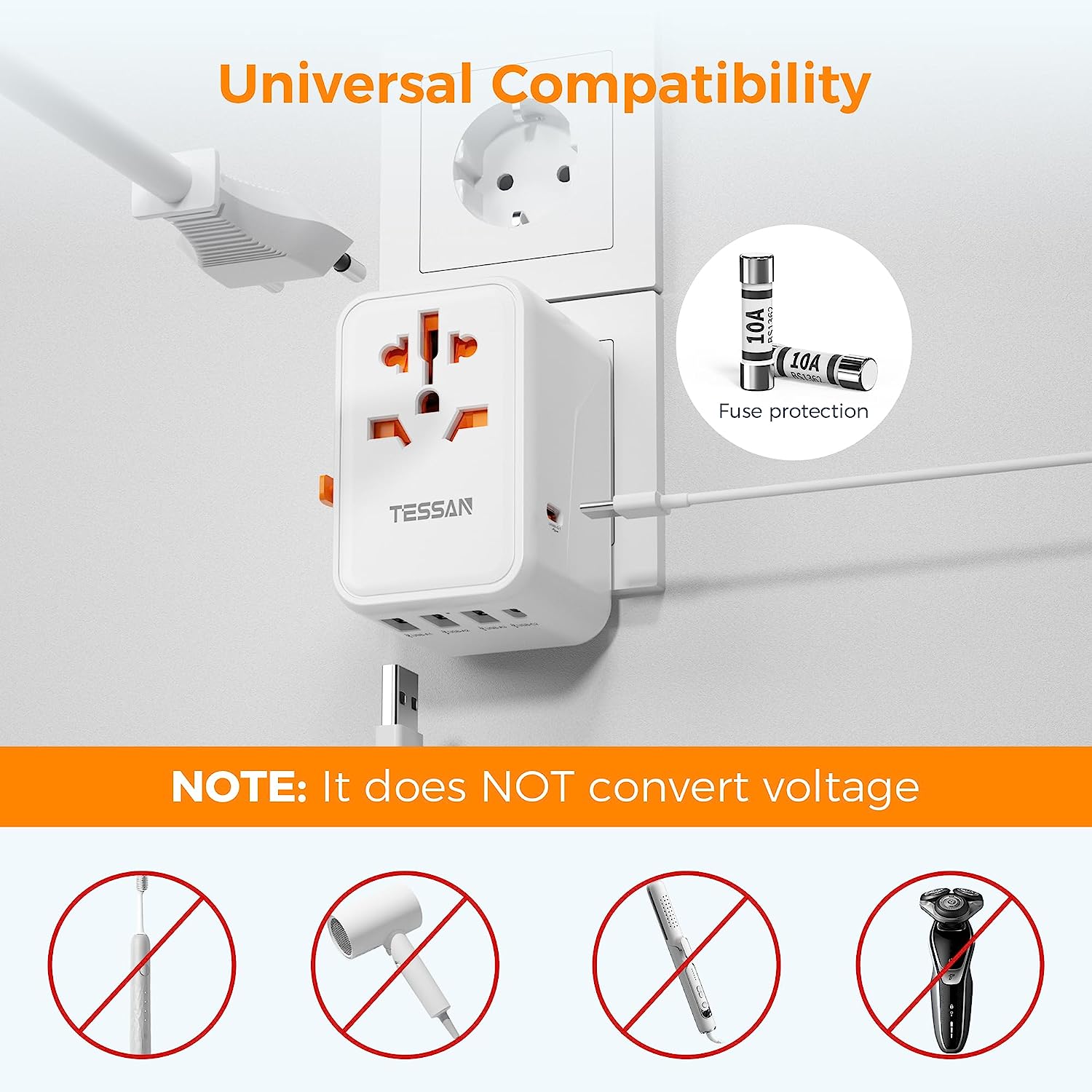 Universal Travel Adapter with 2 USB C and 3 USB Ports (Fast Charging PD 45W)