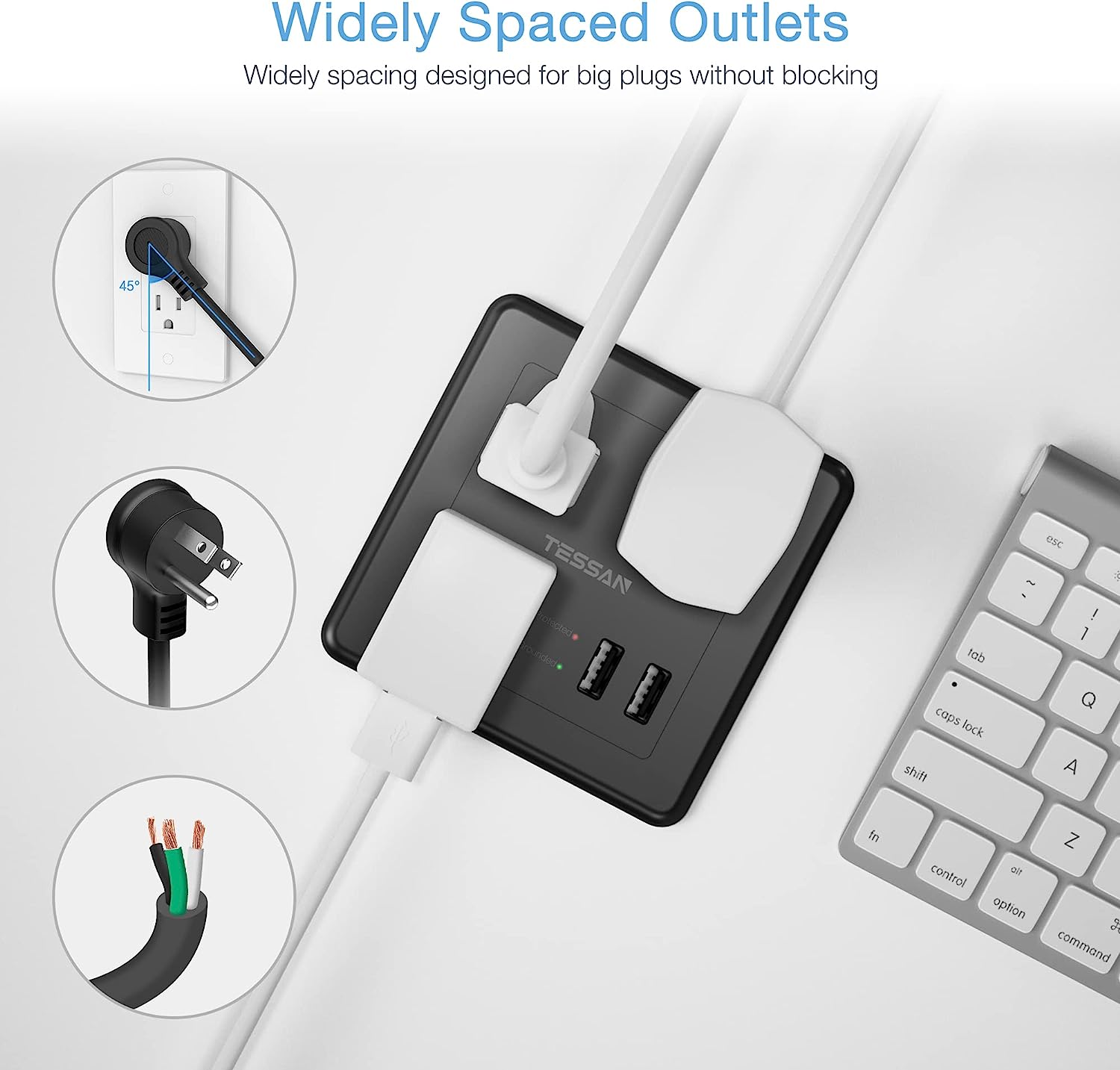 TESSAN Flush Mount Outlet with Surge Protector, Furniture Recessed Power Strip with 2 USB Ports