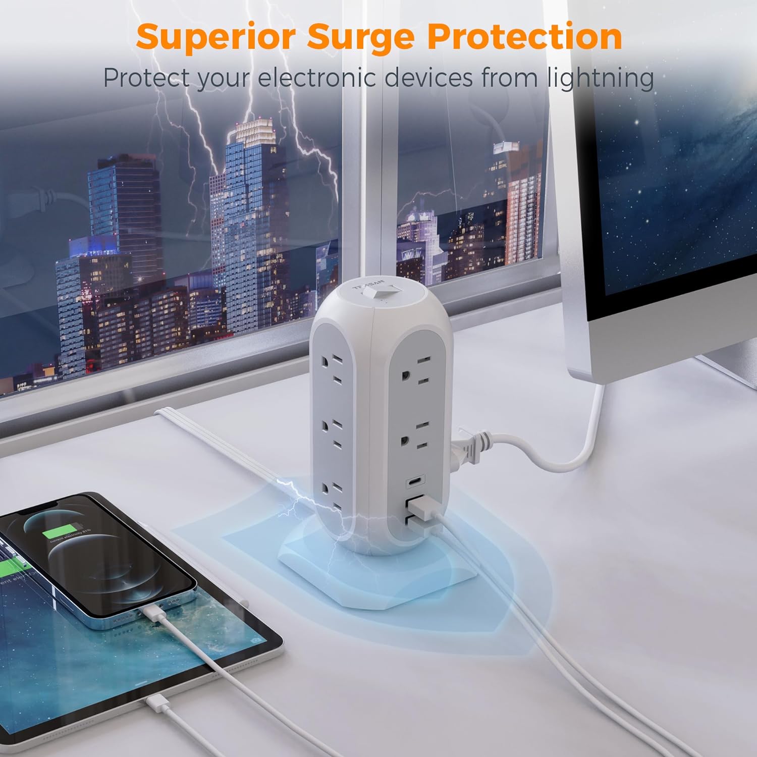 Tower Power Strip Flat Plug with 11 Outlets 3 USB (1 USB C),6 Feet Extension Cord
