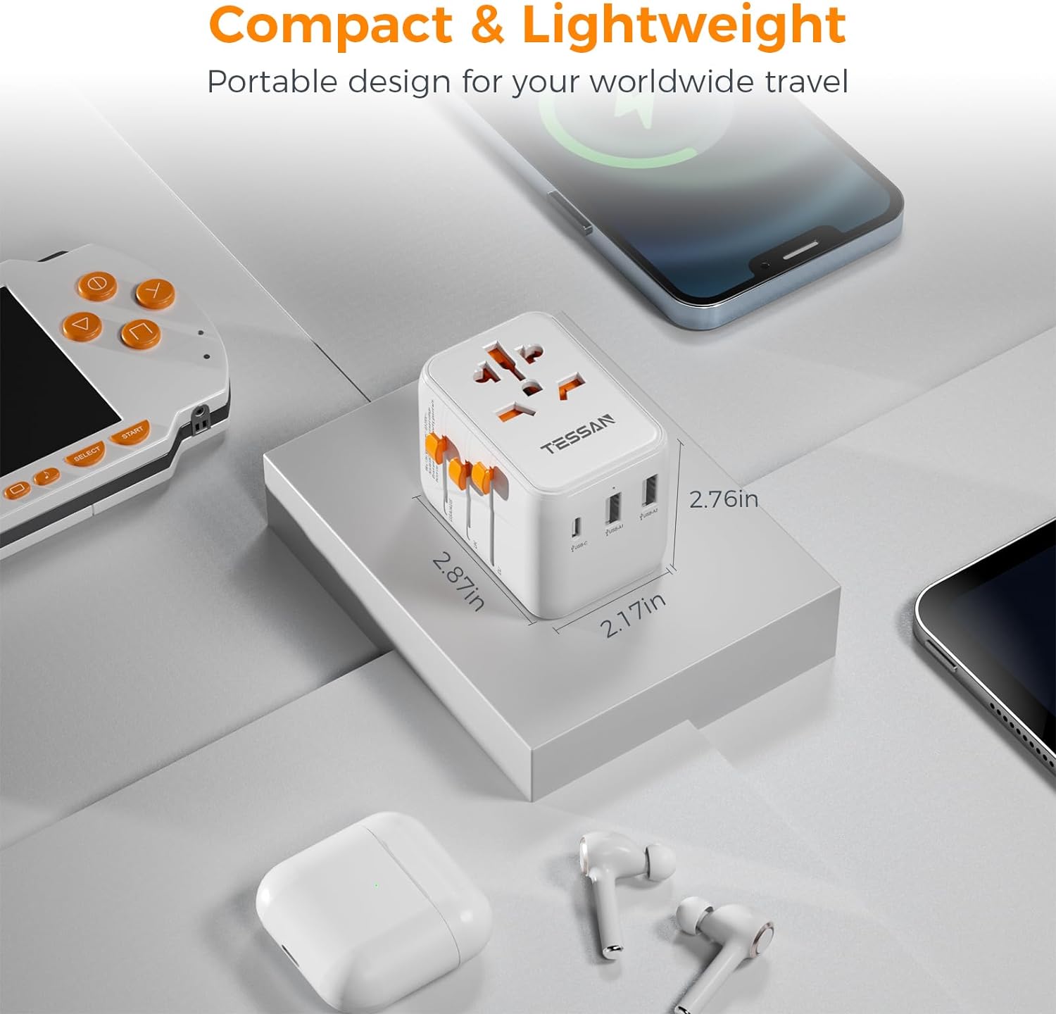 TESSAN International Plug Adaptor with 1 USB C Wall Charger 2 USB A Ports, All-in-one Worldwide Power Outlet